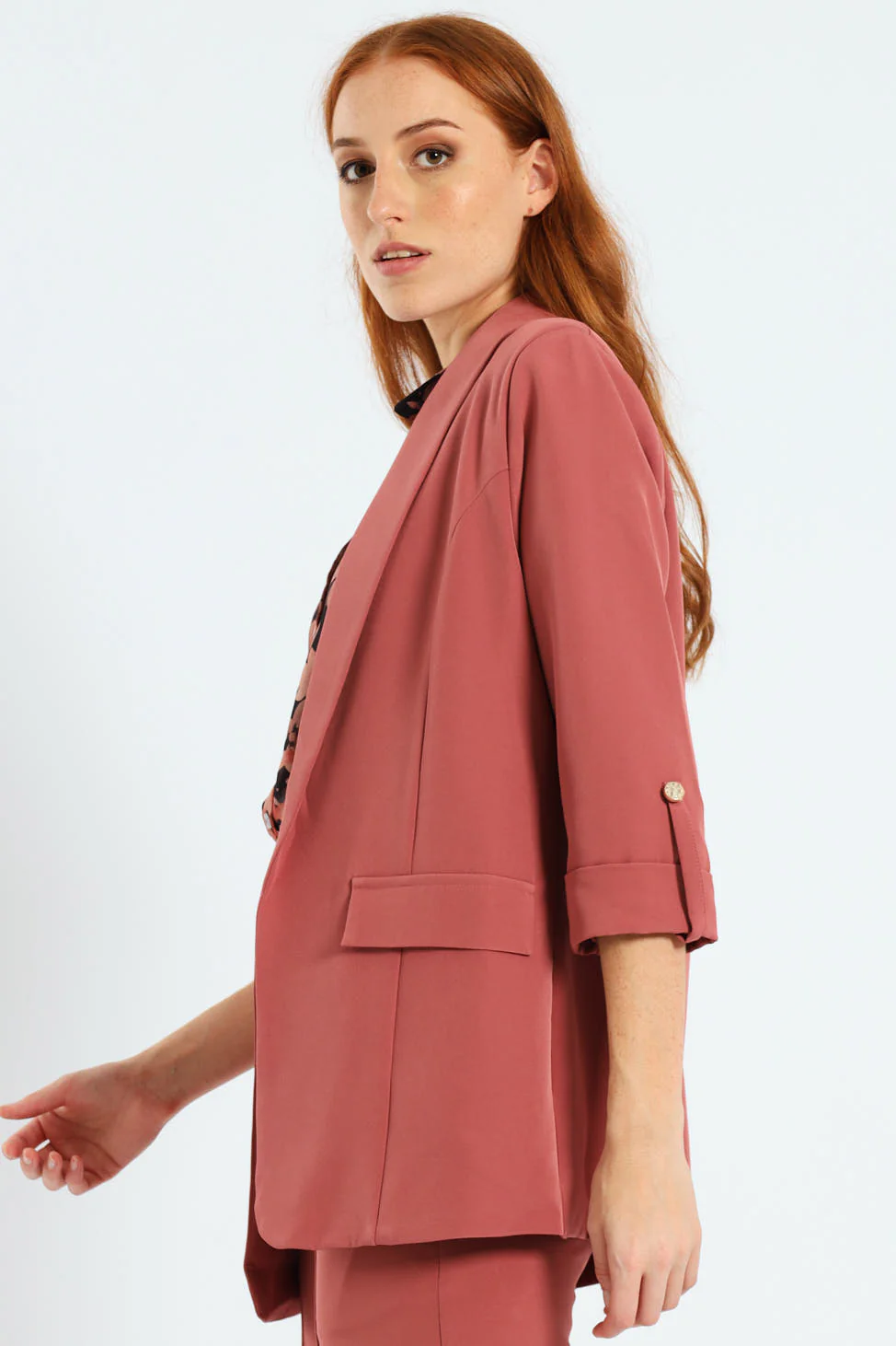 Shawl Collar Turn Up Sleeve Blazer - Deco Rose - Image 3