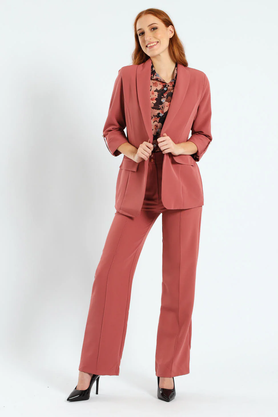 Shawl Collar Turn Up Sleeve Blazer - Deco Rose - Image 5