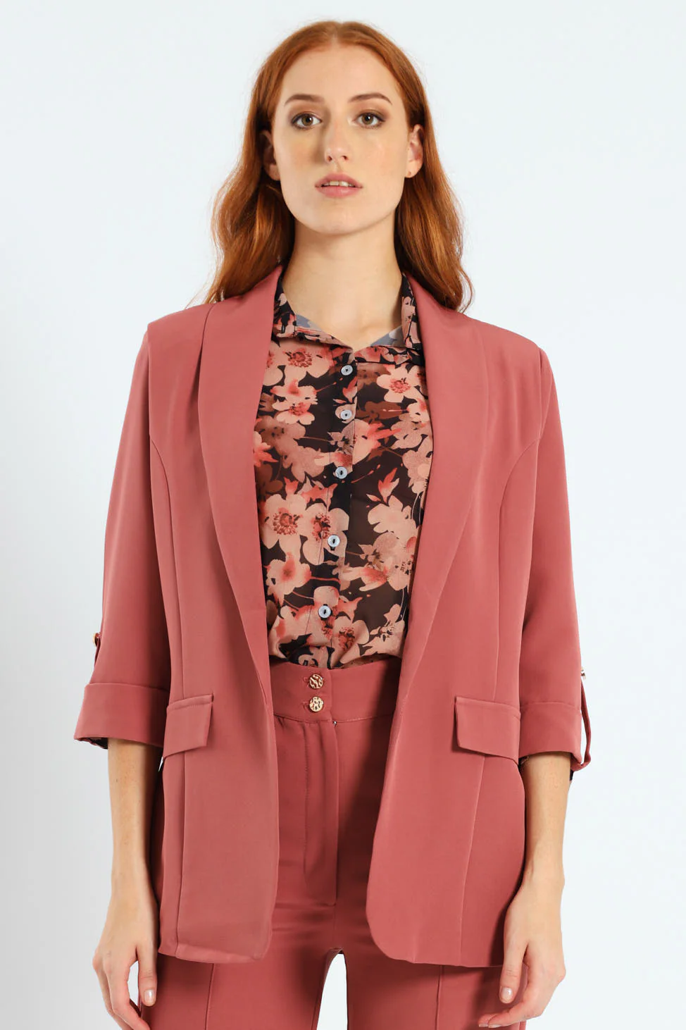 Shawl Collar Turn Up Sleeve Blazer - Deco Rose - Image 6