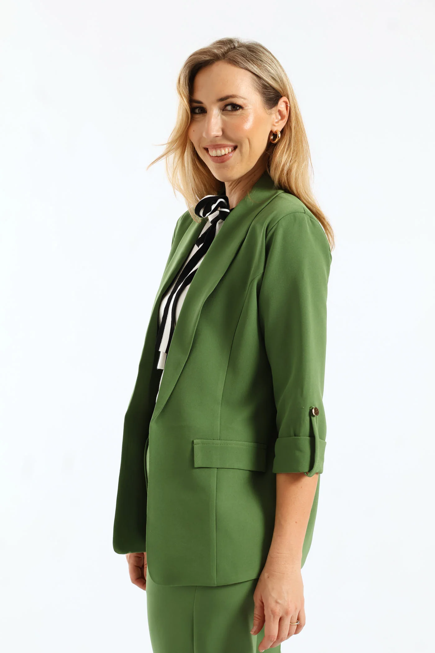 Shawl Collar Turn Up Sleeve Blazer - Green - Image 4