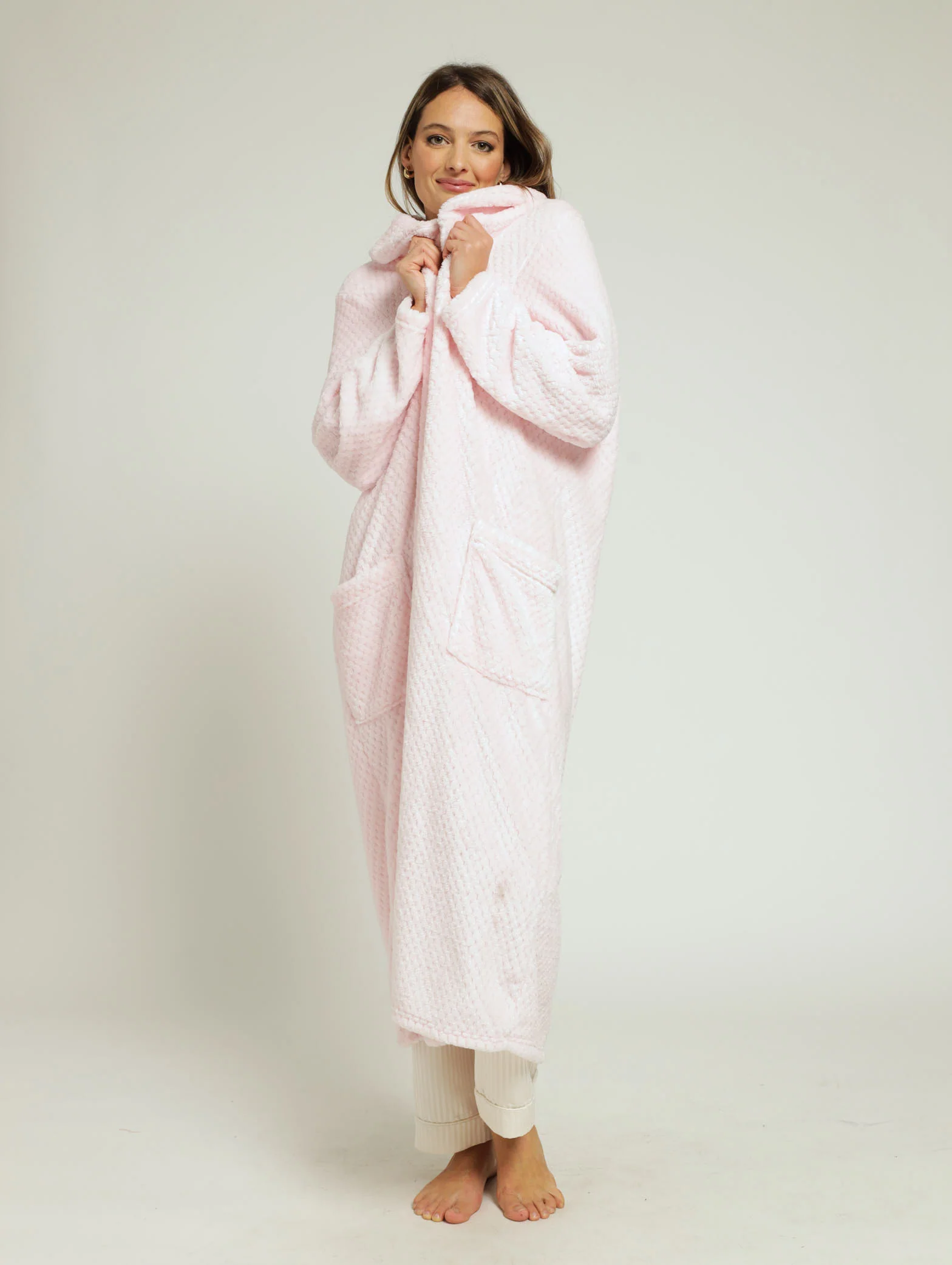 Shawl Collar Waffle Zip Through Gown - Pink - Image 3