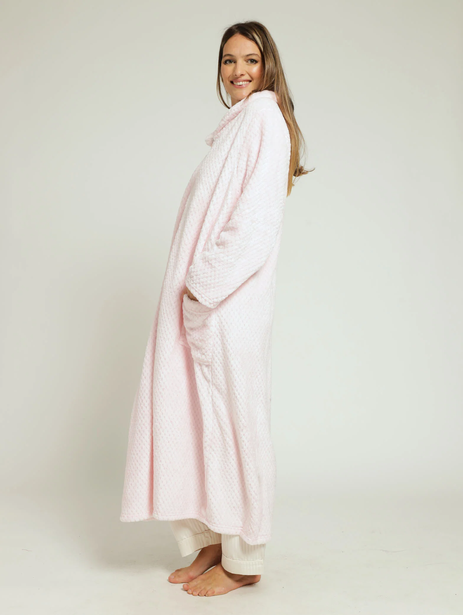 Shawl Collar Waffle Zip Through Gown - Pink - Image 4