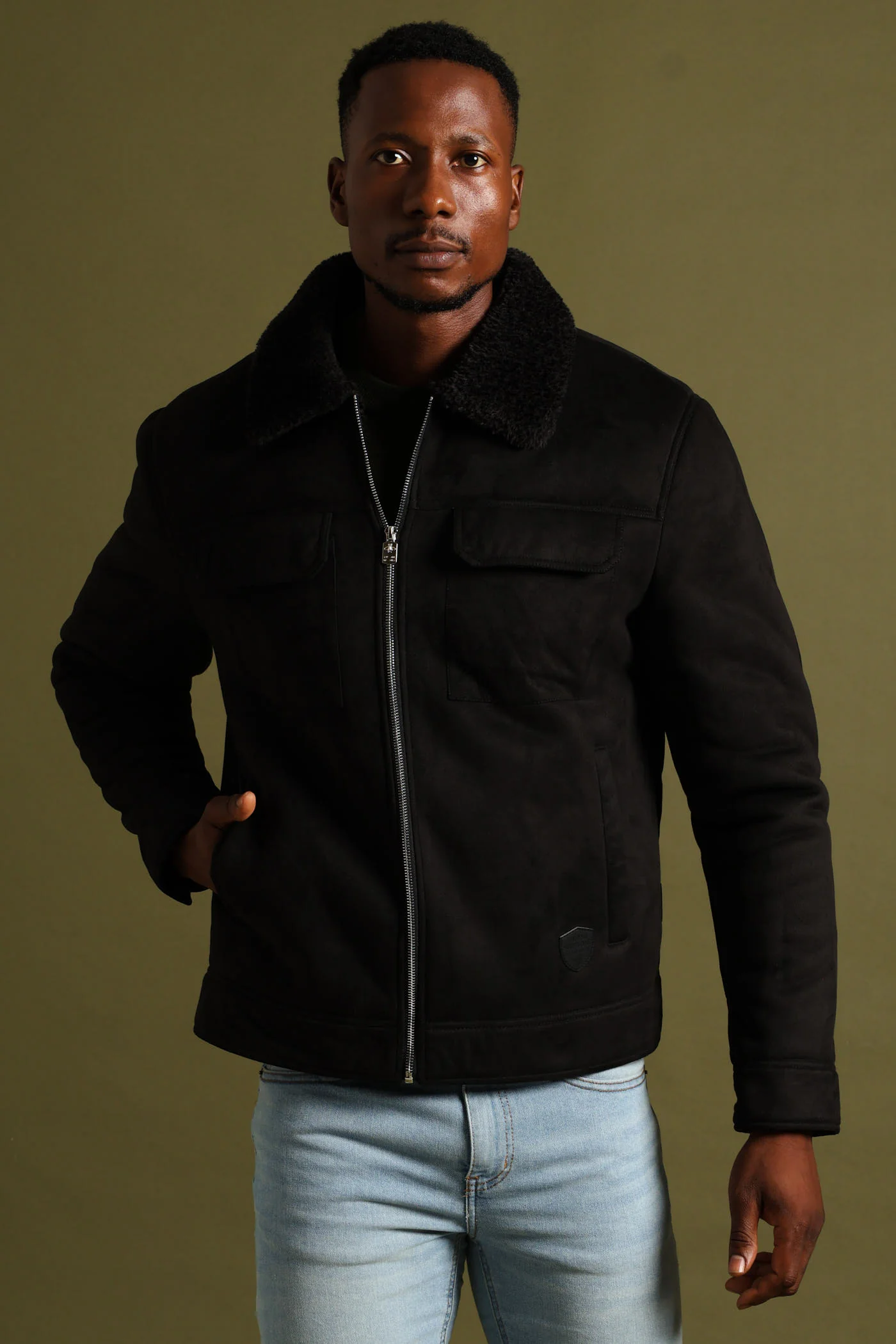 Shearling Sherpa Zip Through Jacket - Black - Image 2