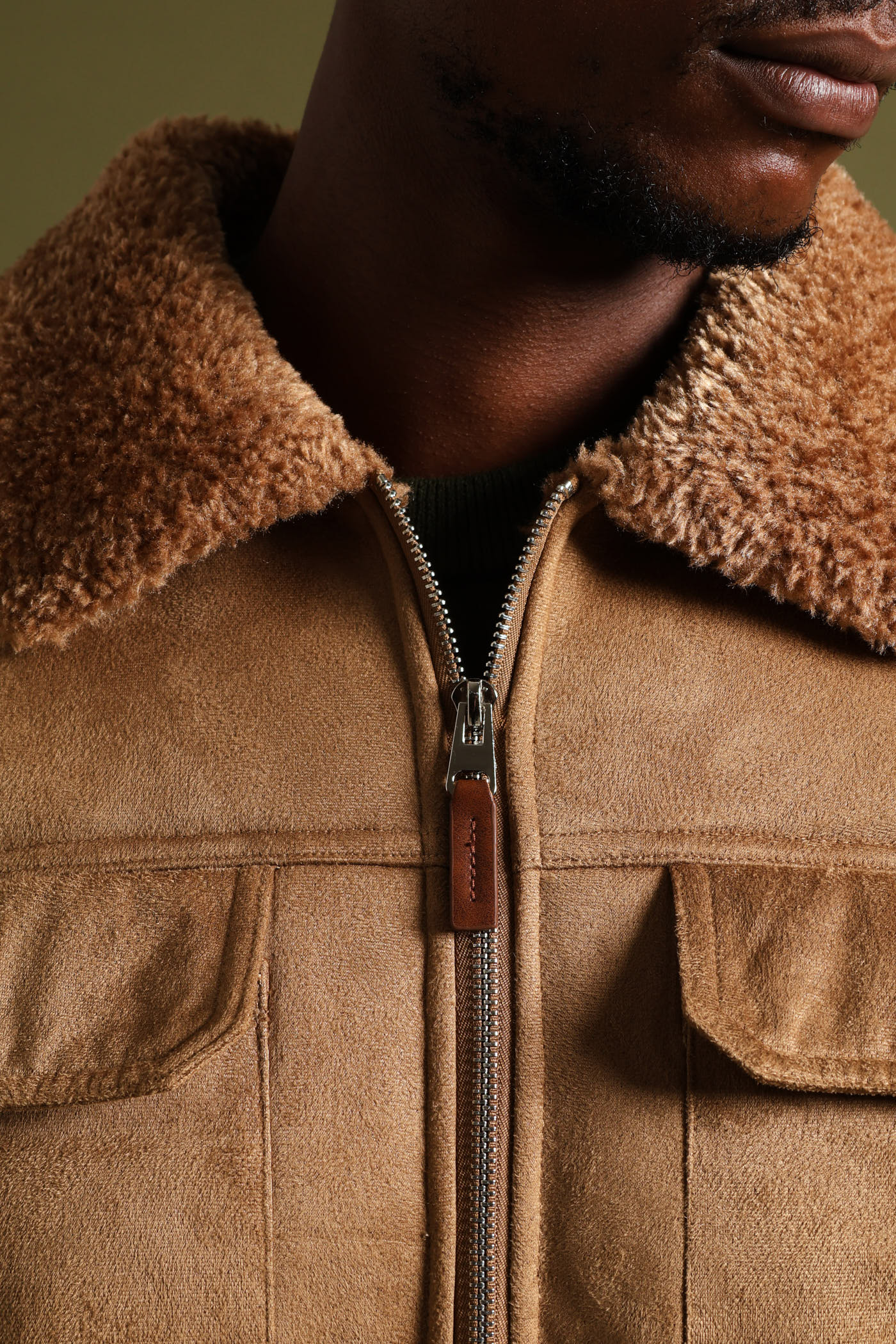 Shearling Sherpa Zip Through Jacket - Camel - Image 2