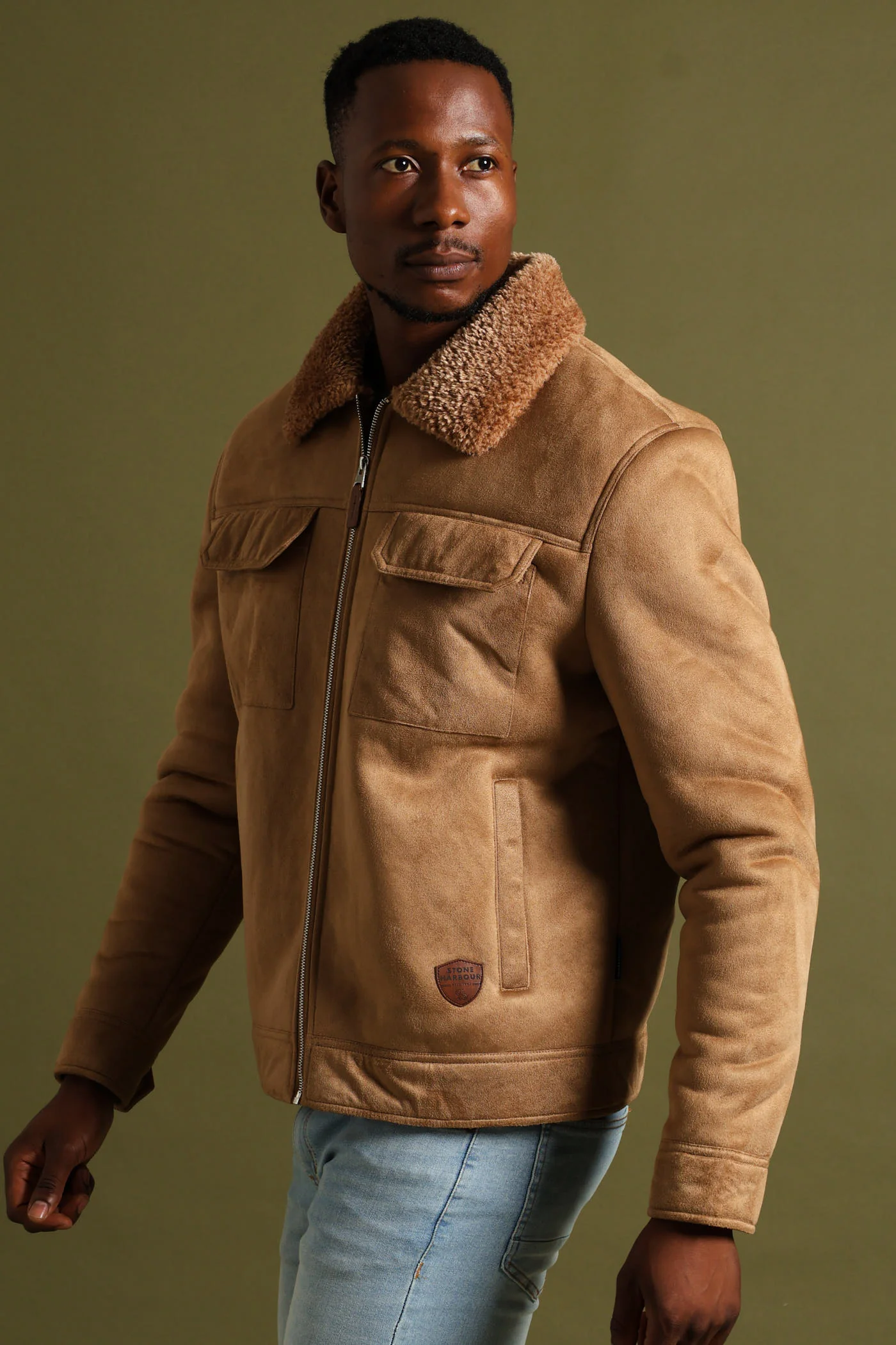 Shearling Sherpa Zip Through Jacket - Camel - Image 4