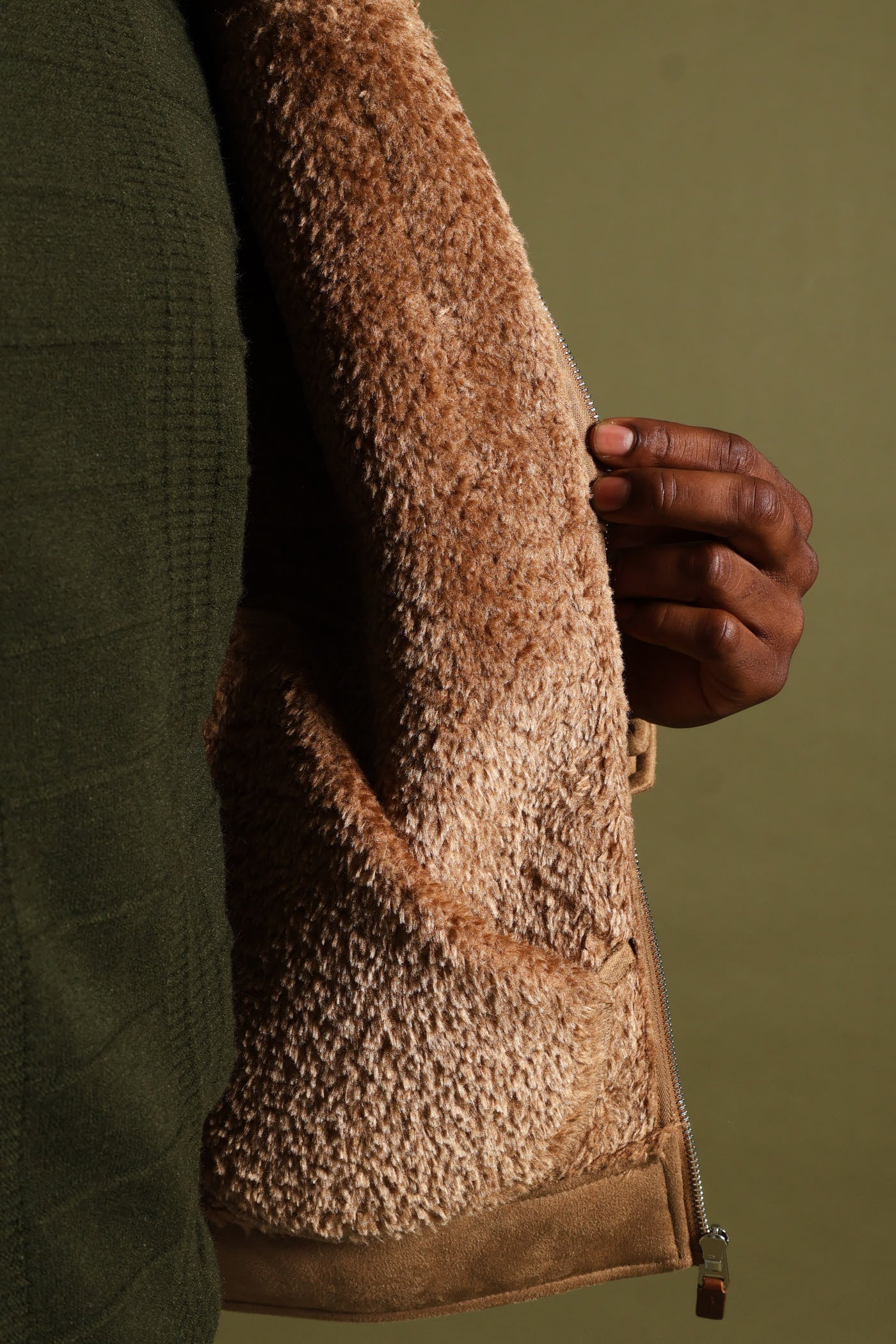 Shearling Sherpa Zip Through Jacket - Camel - Image 6