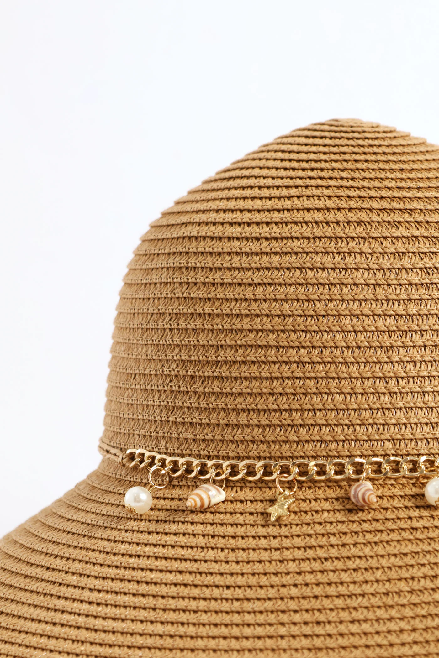Shell Detail Turn Down Straw Hat - Tan - Image 2