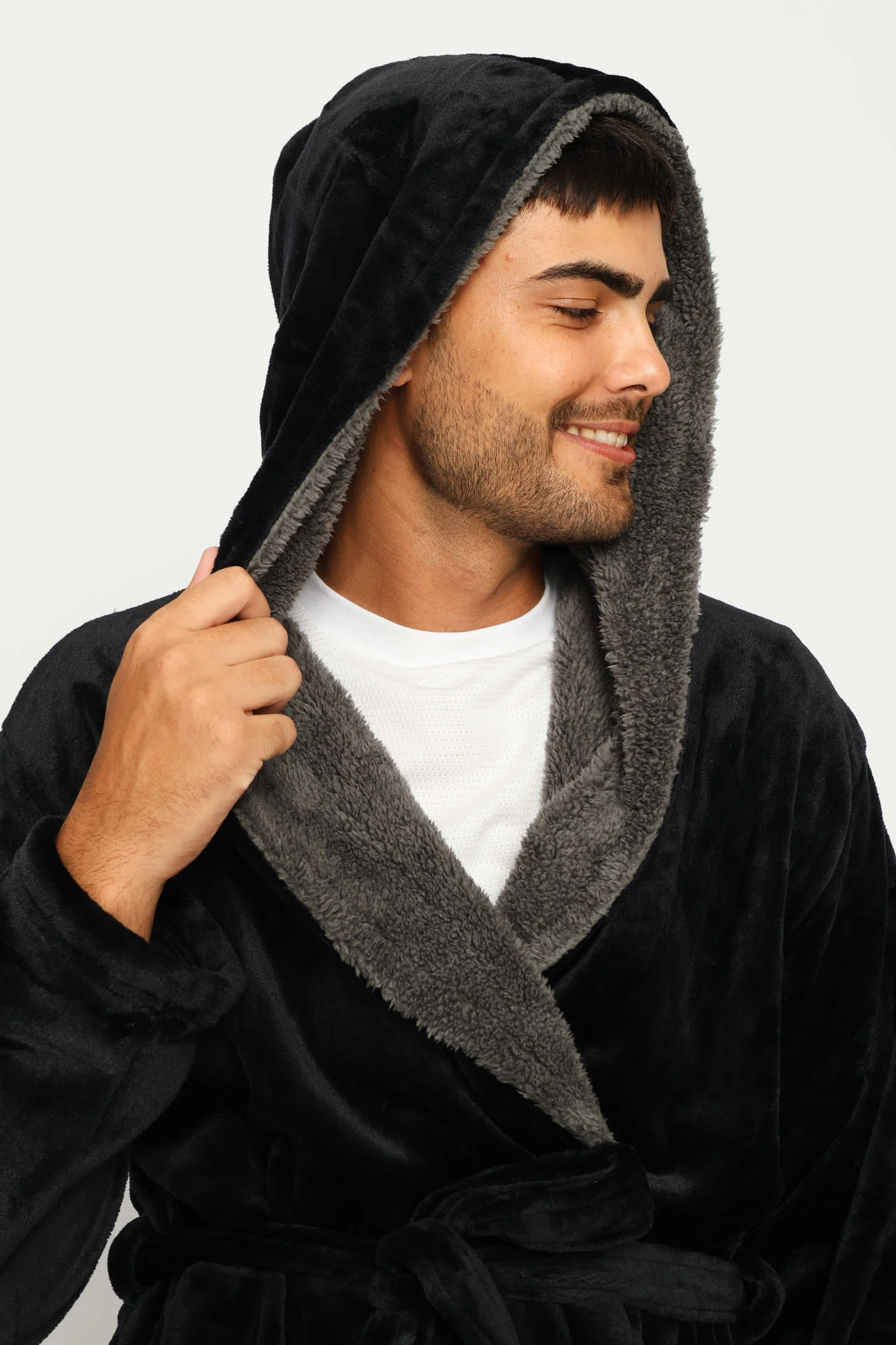 Sherpa & Coral Fleece Hooded Gown - Black - Image 3