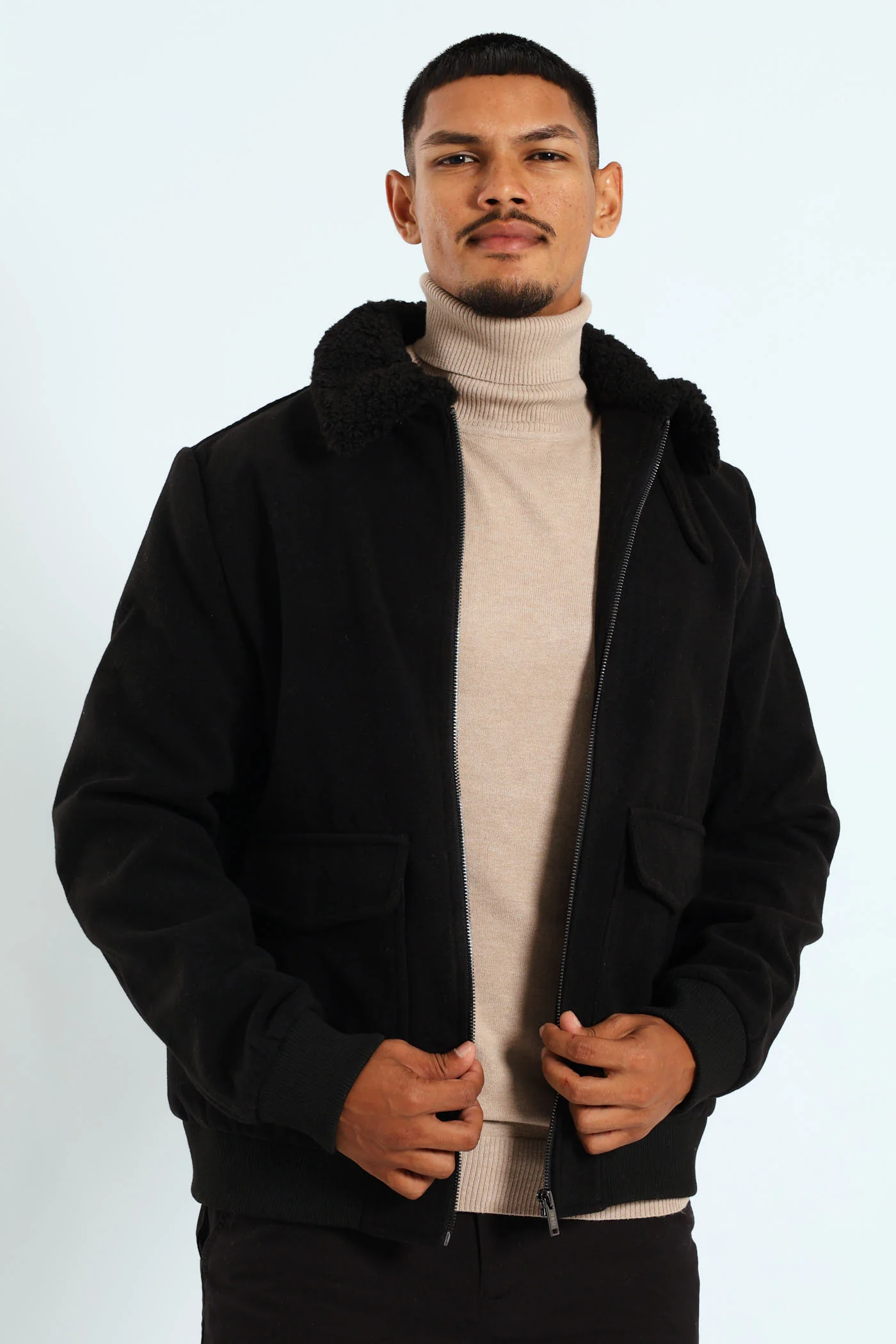 Sherpa Collar Melton Jacket - Black - Image 7