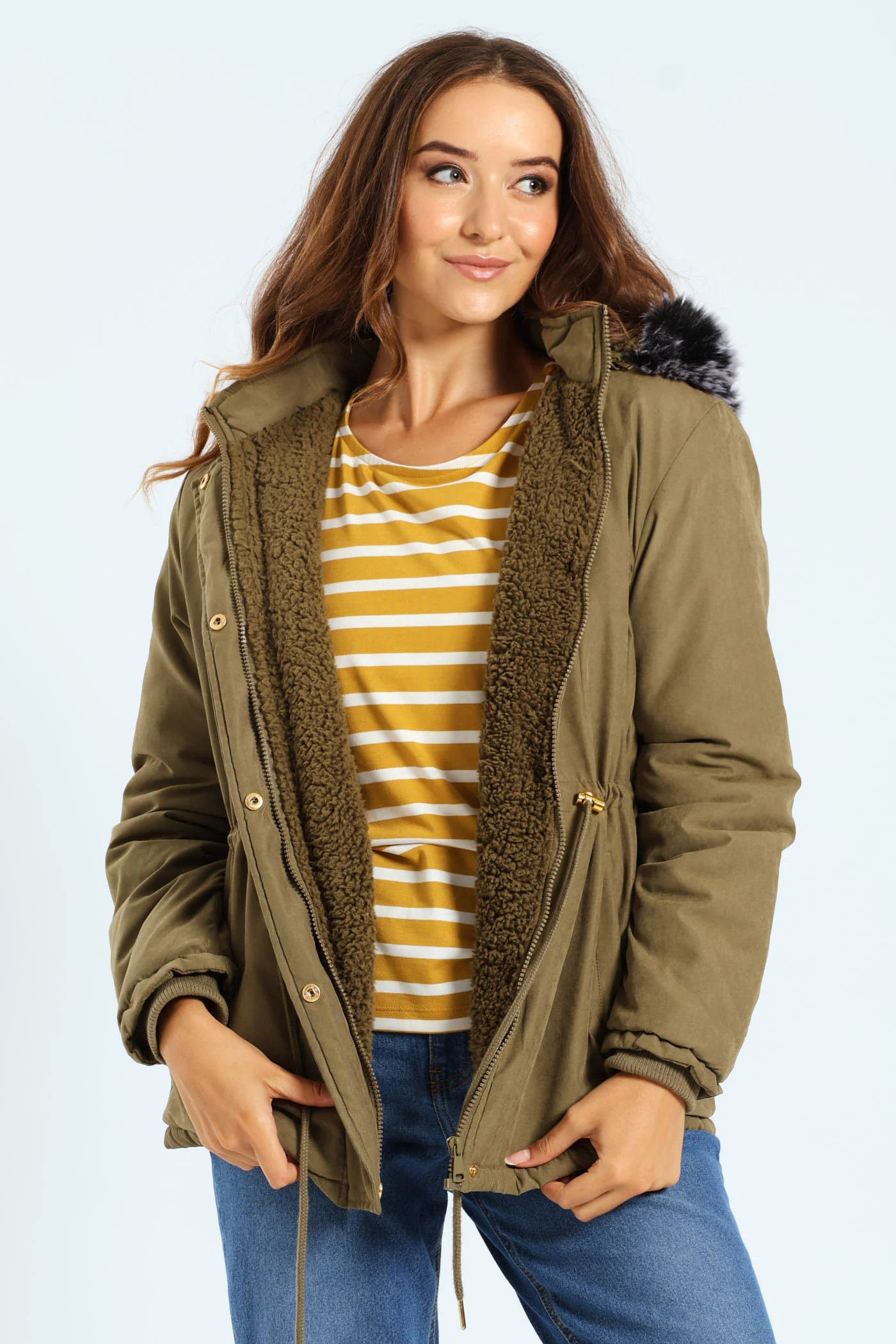 Sherpa Lined Parker With Contrast Detachable Fur Hood - Army Green - Image 4