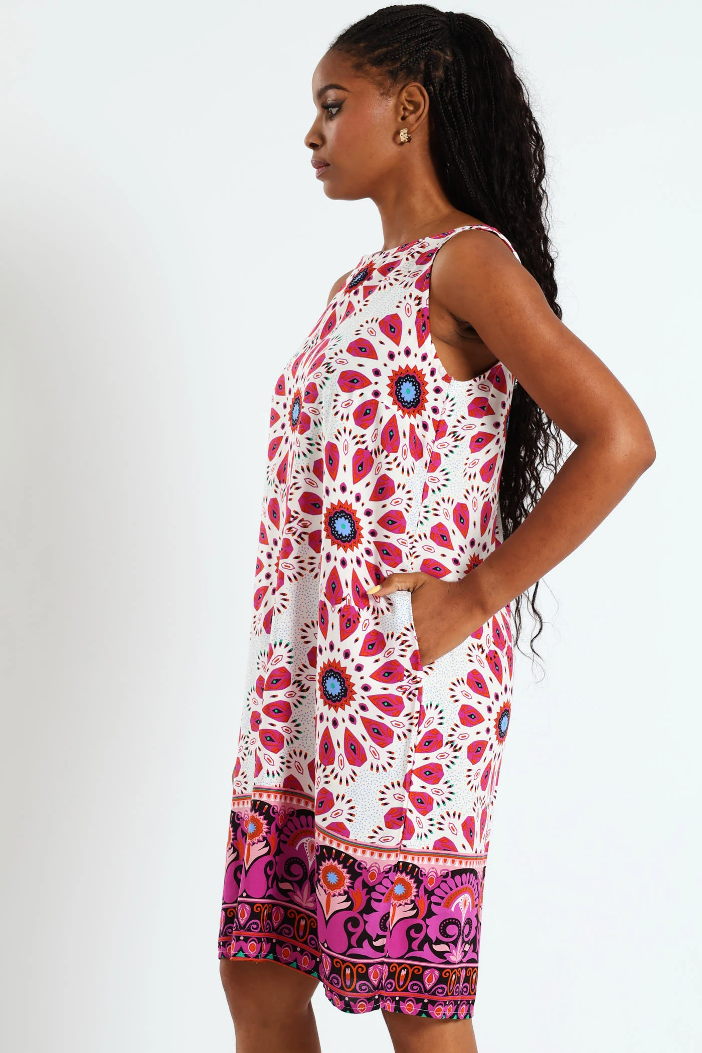 Shift Mini Dress With Border & Pocket Detail - Magenta - Image 3