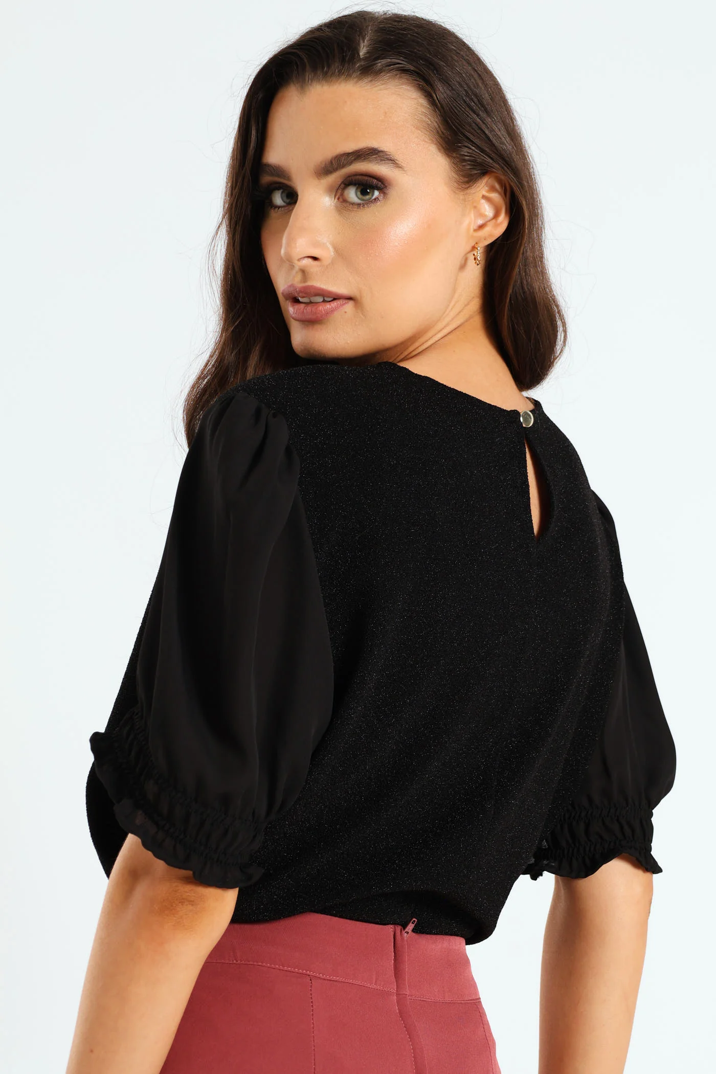 Shimmer Frill Sleeve Knitwear Top - Black - Image 3