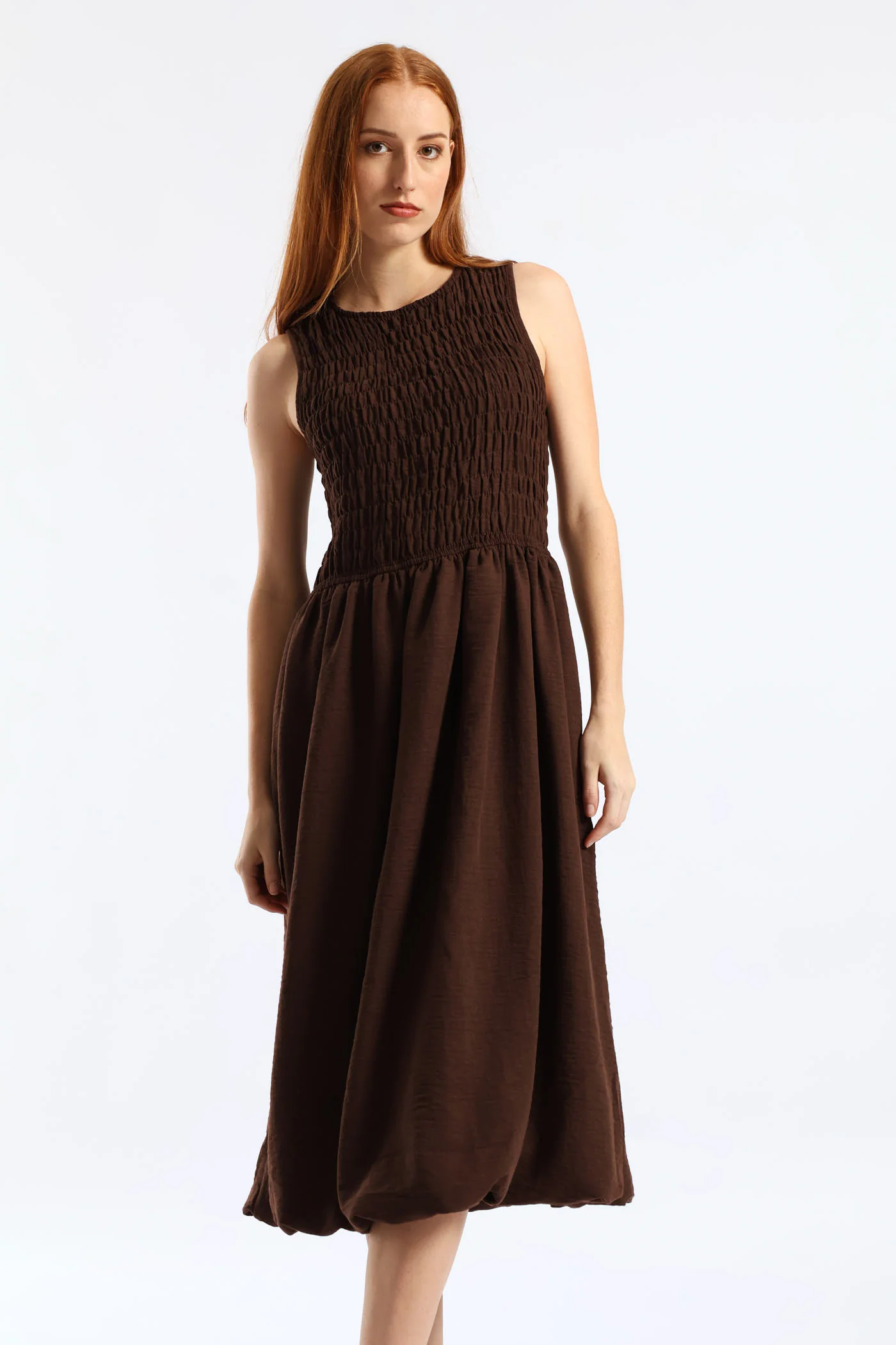 Shirred Bodice Fit & Flare Bubble Midaxi Dress - Dark Chocolate - Image 3
