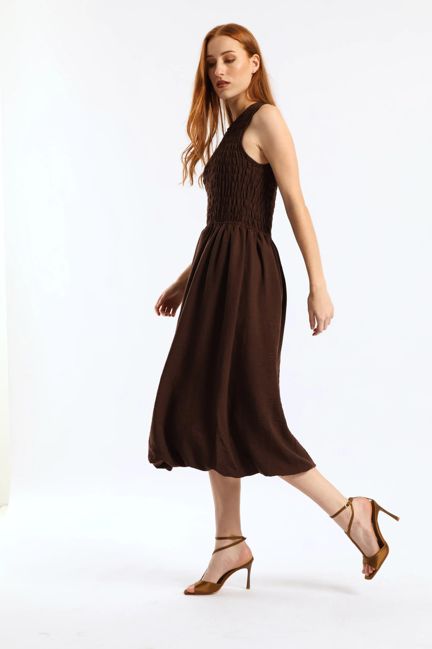 Shirred Bodice Fit & Flare Bubble Midaxi Dress - Dark Chocolate - Image 4