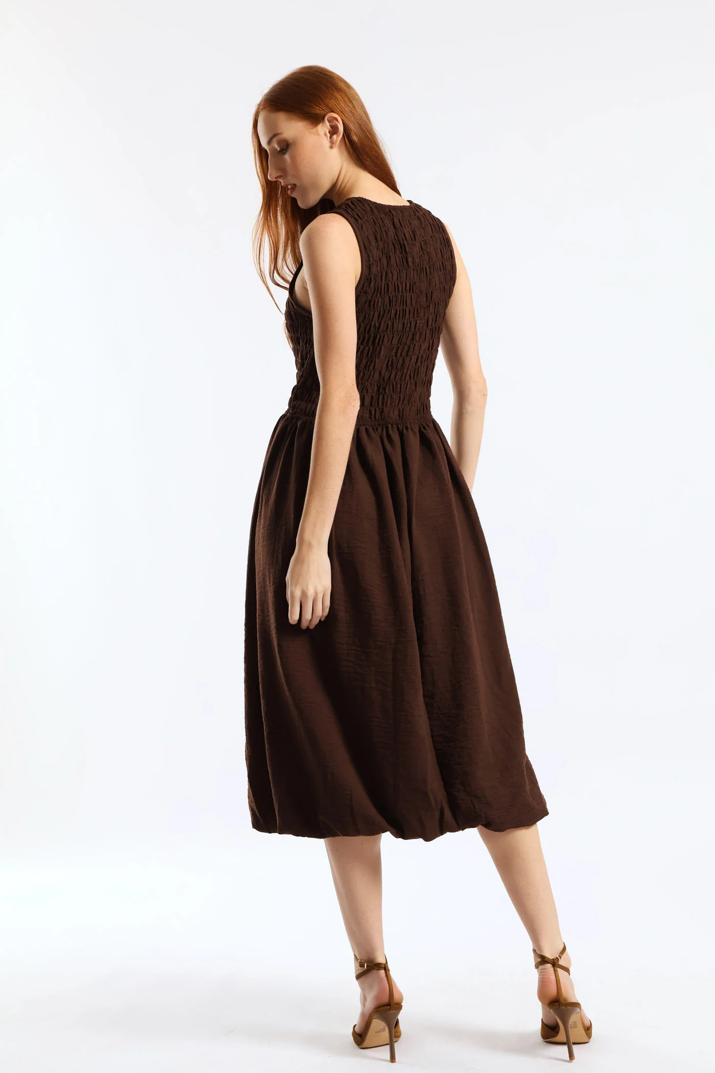 Shirred Bodice Fit & Flare Bubble Midaxi Dress - Dark Chocolate - Image 5