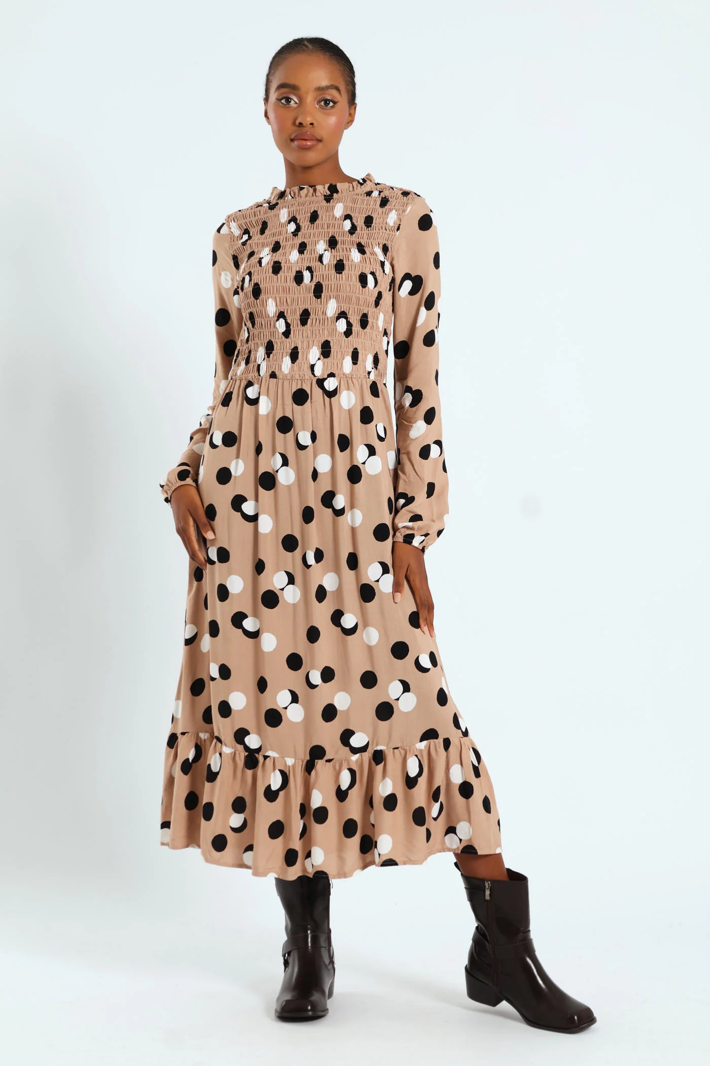 Shirred Bodice Frill Midi Dress - Beige/Black - Image 2