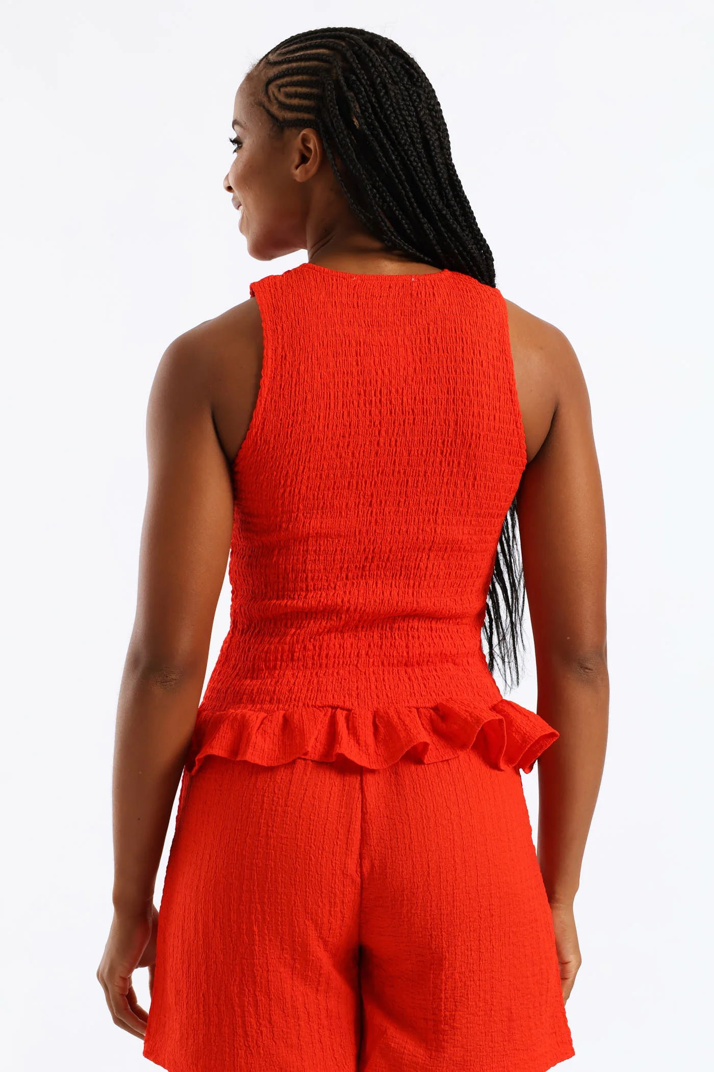 Shirred Crinkle Peplum Top - Fiery Red - Image 2