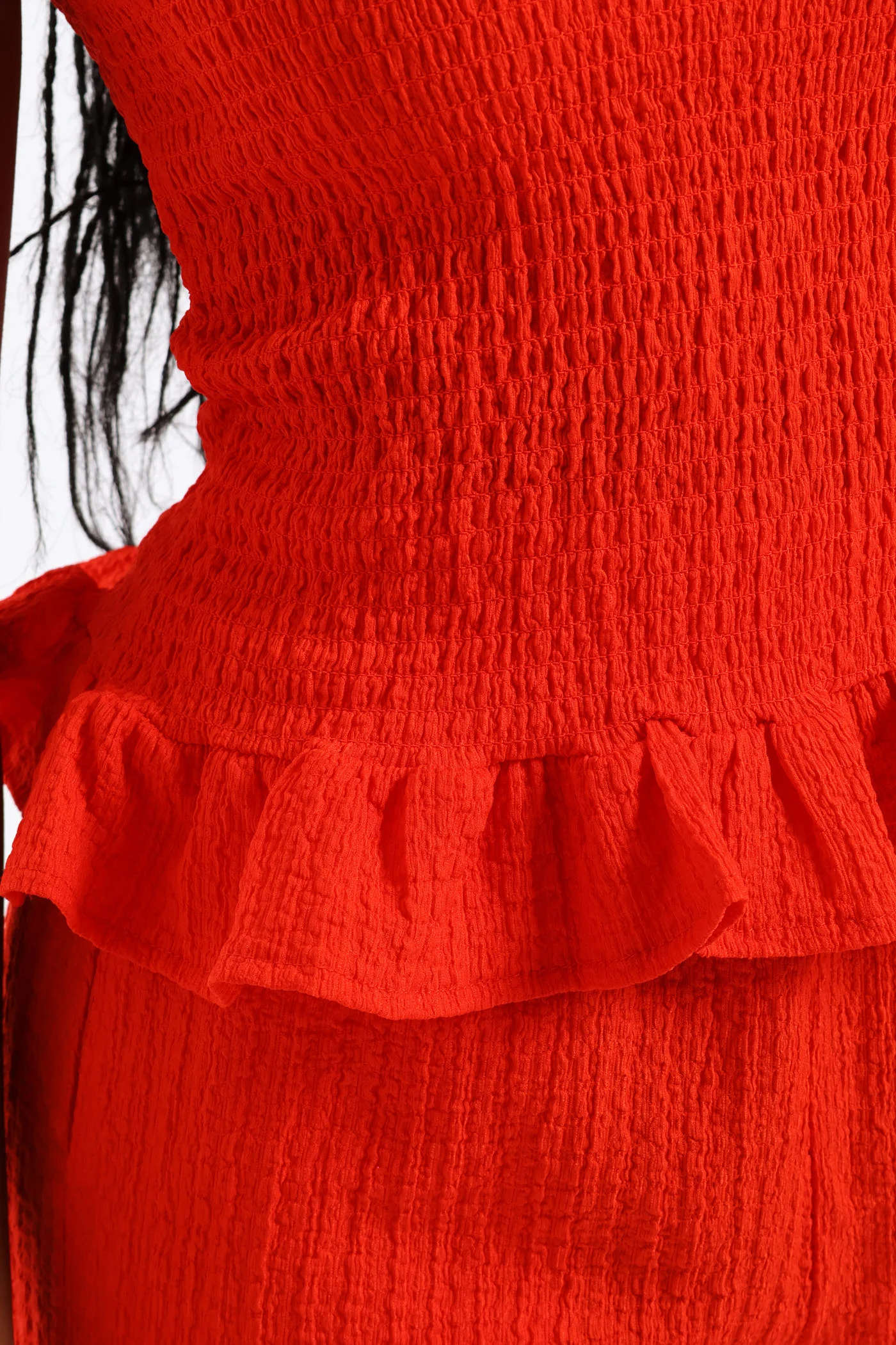 Shirred Crinkle Peplum Top - Fiery Red - Image 3