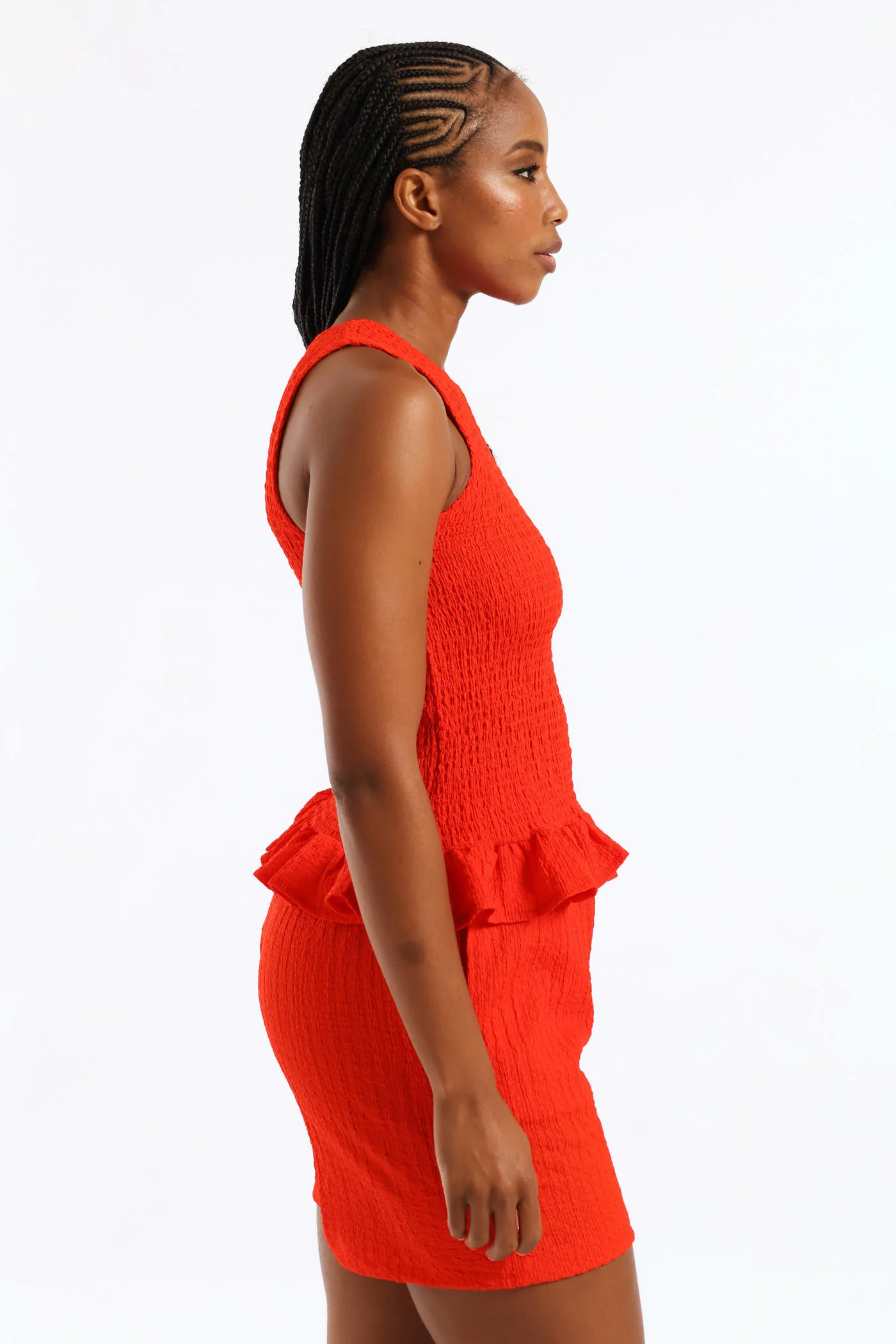 Shirred Crinkle Peplum Top - Fiery Red - Image 4