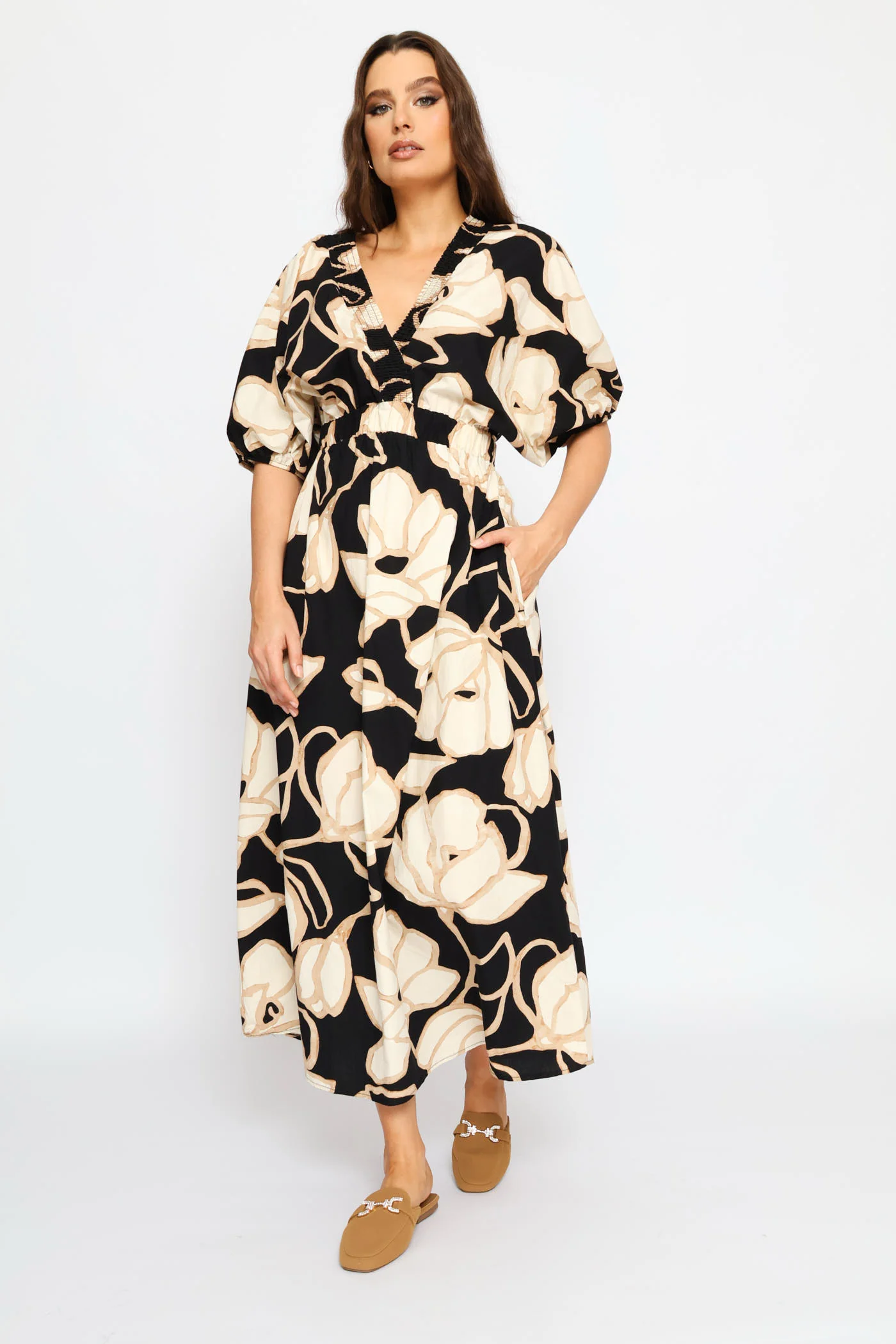 Shirred Crossover V-Neck Cotton Kaftan Maxi Dress - Black - Image 3