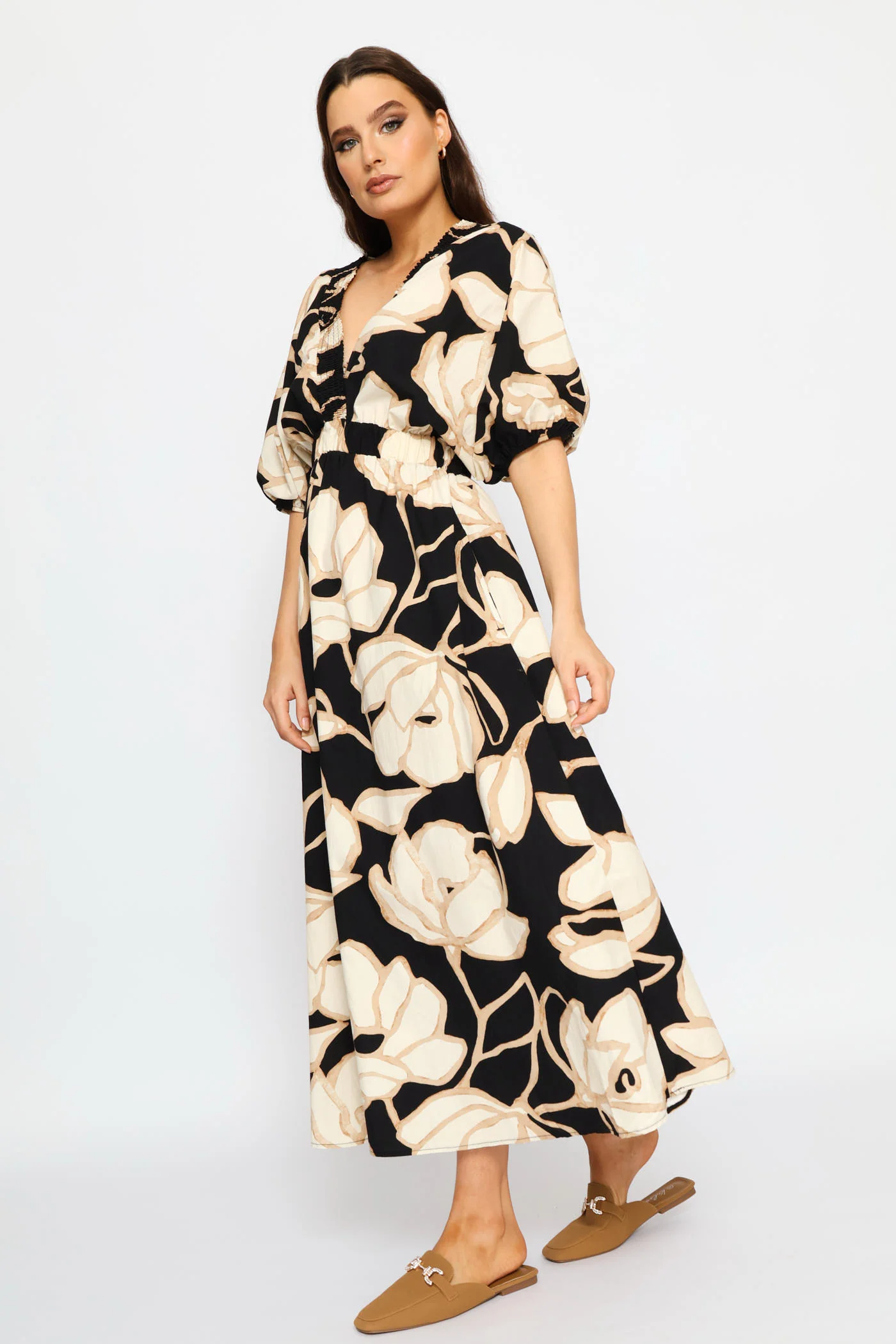Shirred Crossover V-Neck Cotton Kaftan Maxi Dress - Black - Image 4