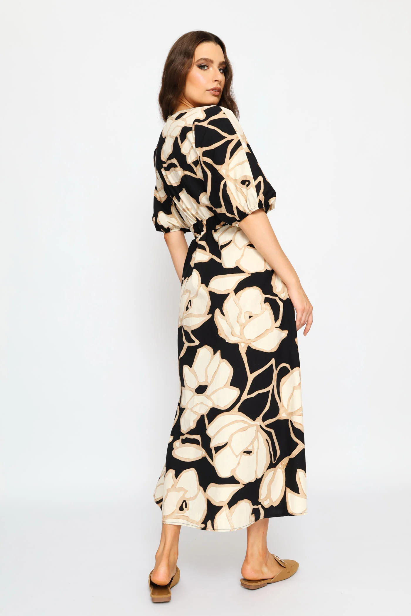 Shirred Crossover V-Neck Cotton Kaftan Maxi Dress - Black - Image 5