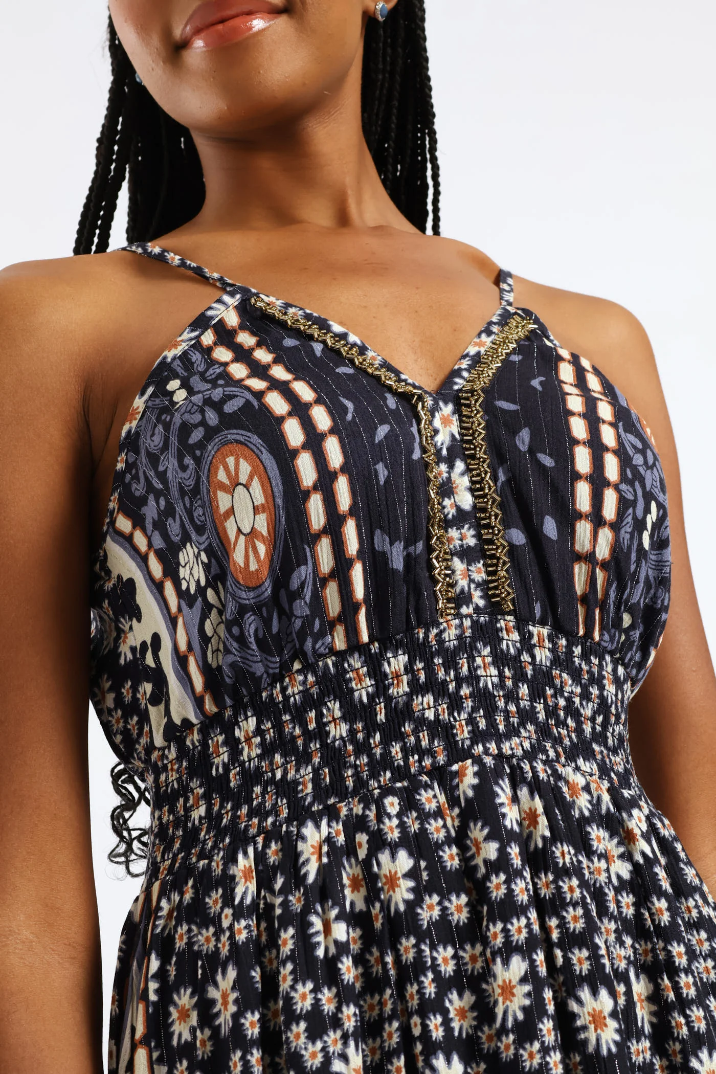 Shirred Waist Patchwork Midaxi Dress - Navy - Image 2