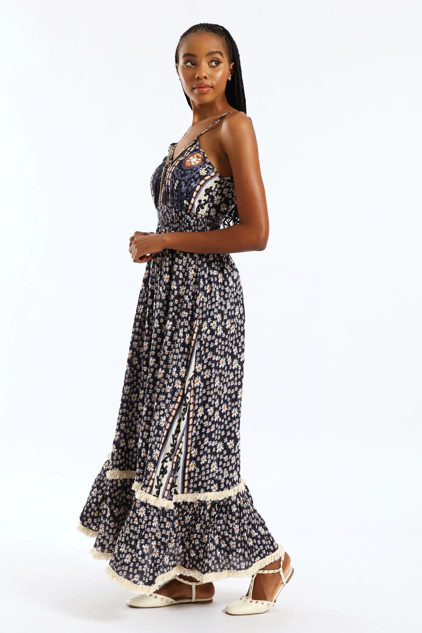 Shirred Waist Patchwork Midaxi Dress - Navy - Image 3