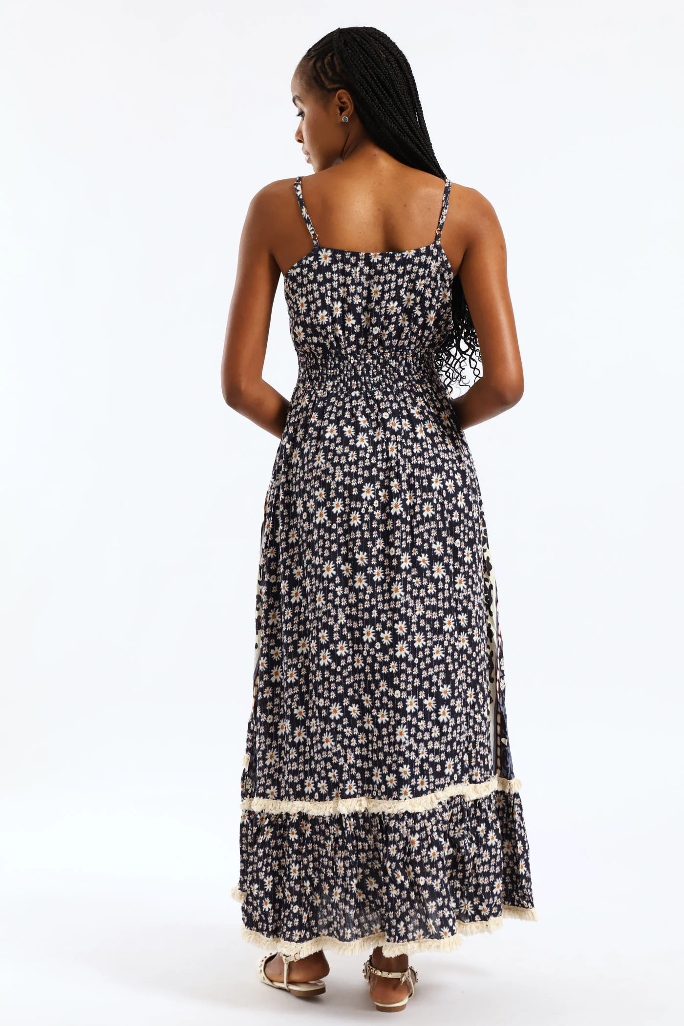 Shirred Waist Patchwork Midaxi Dress - Navy - Image 4