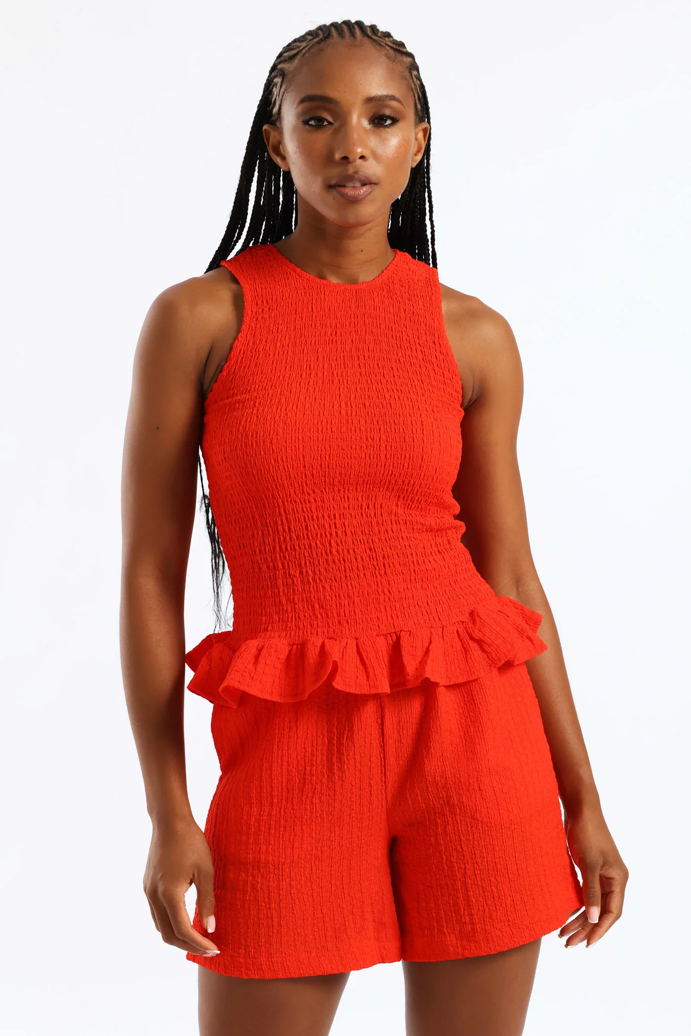 Shirred Waistband Crinkle Mid Thigh Pull On Shorts - Fiery Red - Image 6