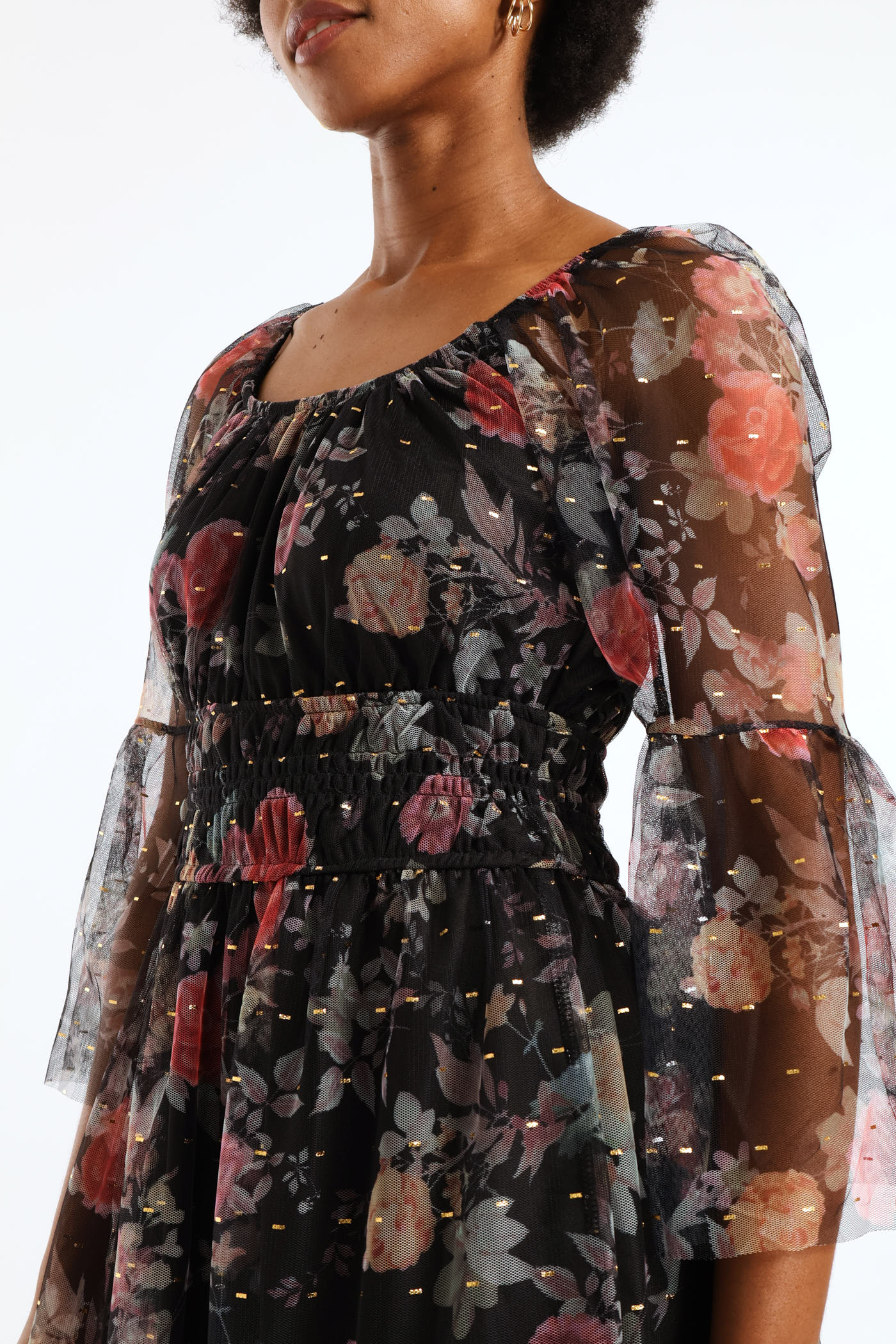 Shirred Waisted Tiered Mesh Maxi Dress - Black - Image 2