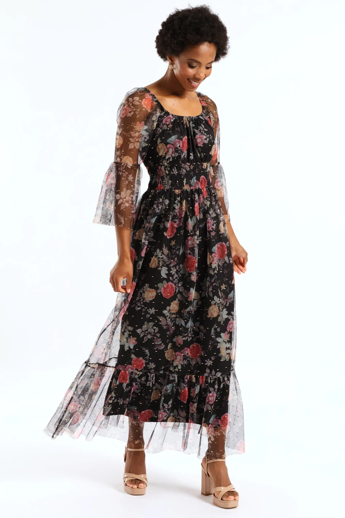 Shirred Waisted Tiered Mesh Maxi Dress - Black - Image 3