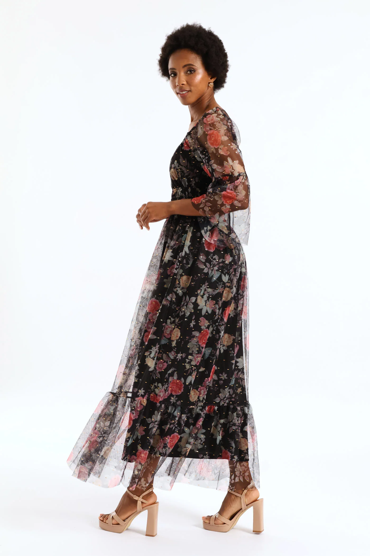 Shirred Waisted Tiered Mesh Maxi Dress - Black - Image 4