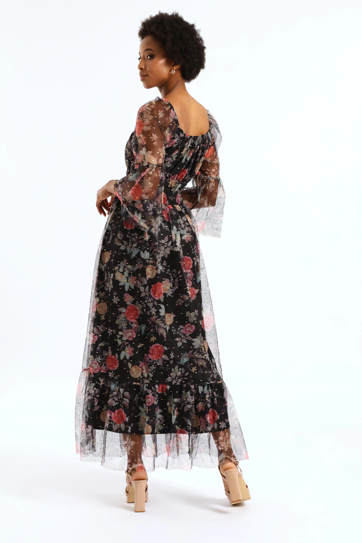Shirred Waisted Tiered Mesh Maxi Dress - Black - Image 5