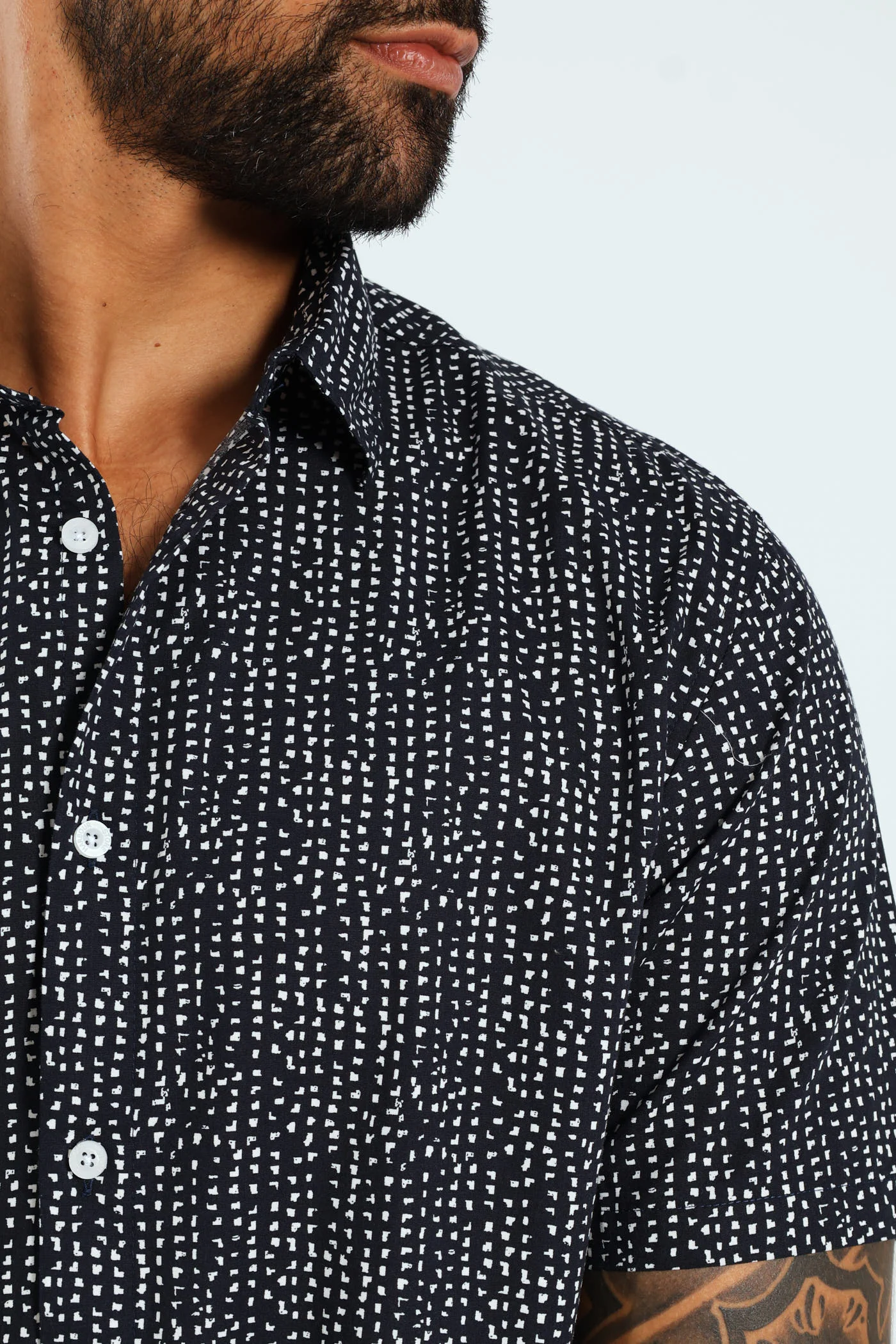 Short Sleeve Block Print Shirt - Navy - Image 3