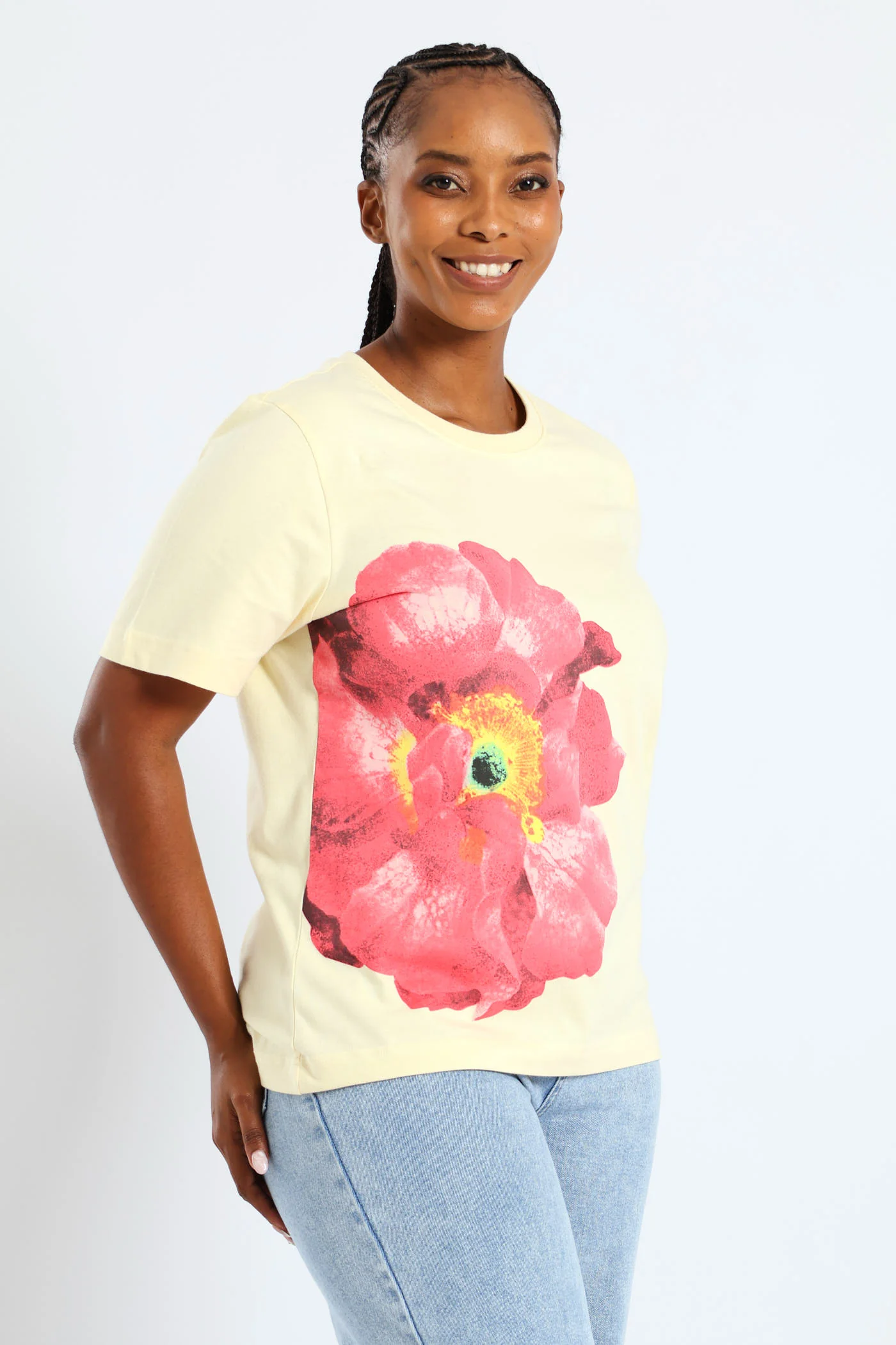 Short Sleeve Boxy Floral Placement Printed Tee  - Pastel Yellow - Image 2