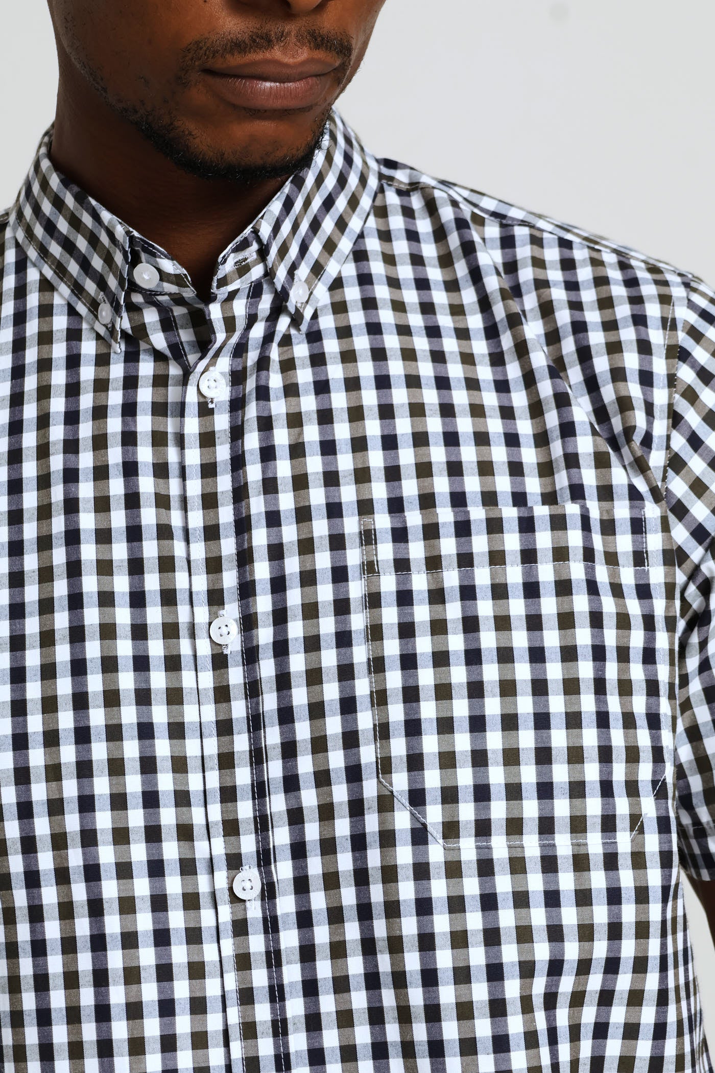 Short Sleeve Button Down Check Shirt - Navy/White/Fatigue - Image 2
