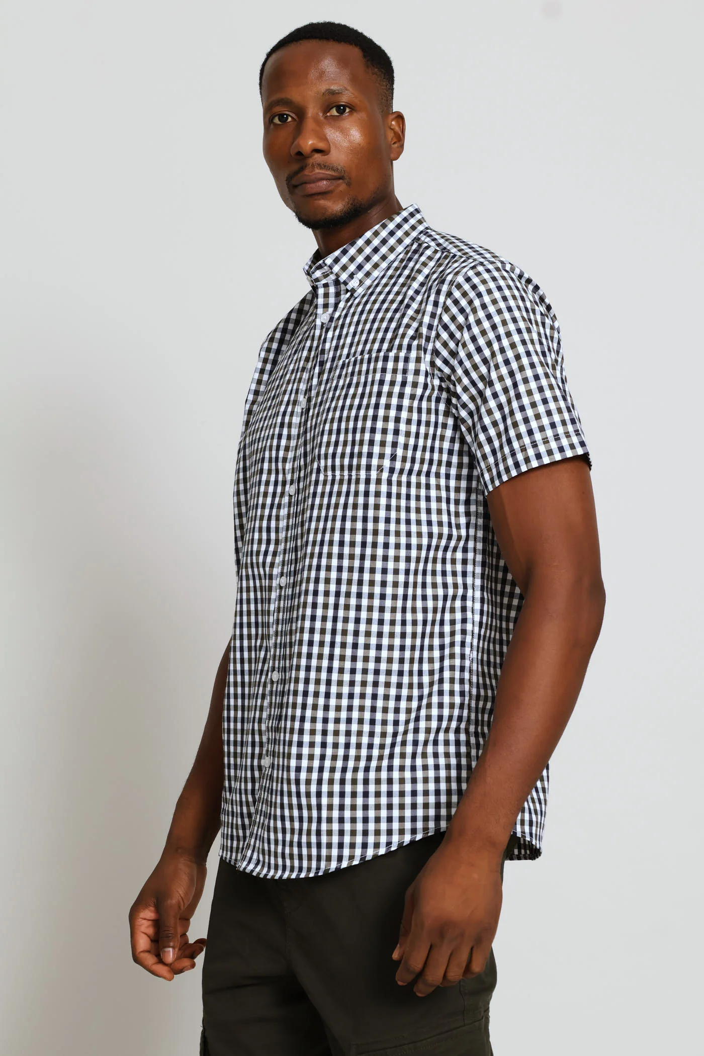 Short Sleeve Button Down Check Shirt - Navy/White/Fatigue - Image 3