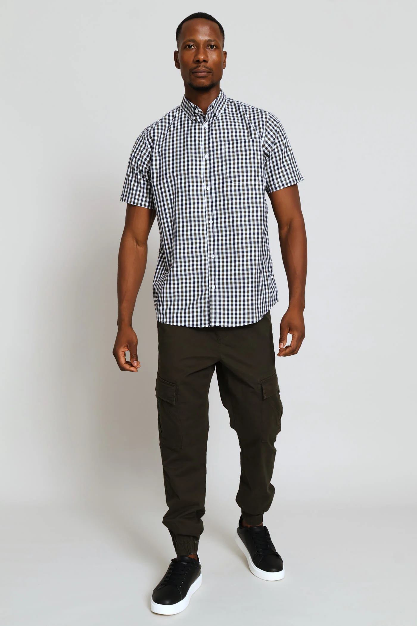 Short Sleeve Button Down Check Shirt - Navy/White/Fatigue - Image 5
