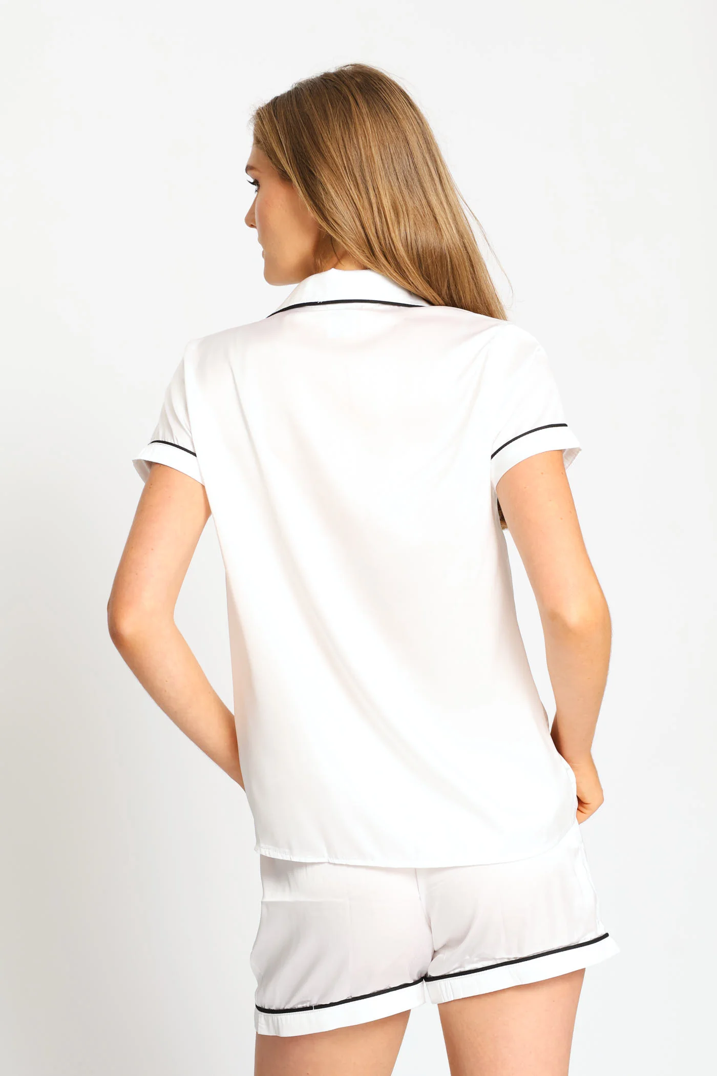 Short Sleeve Button Through & Satin Short Set - White - Image 4