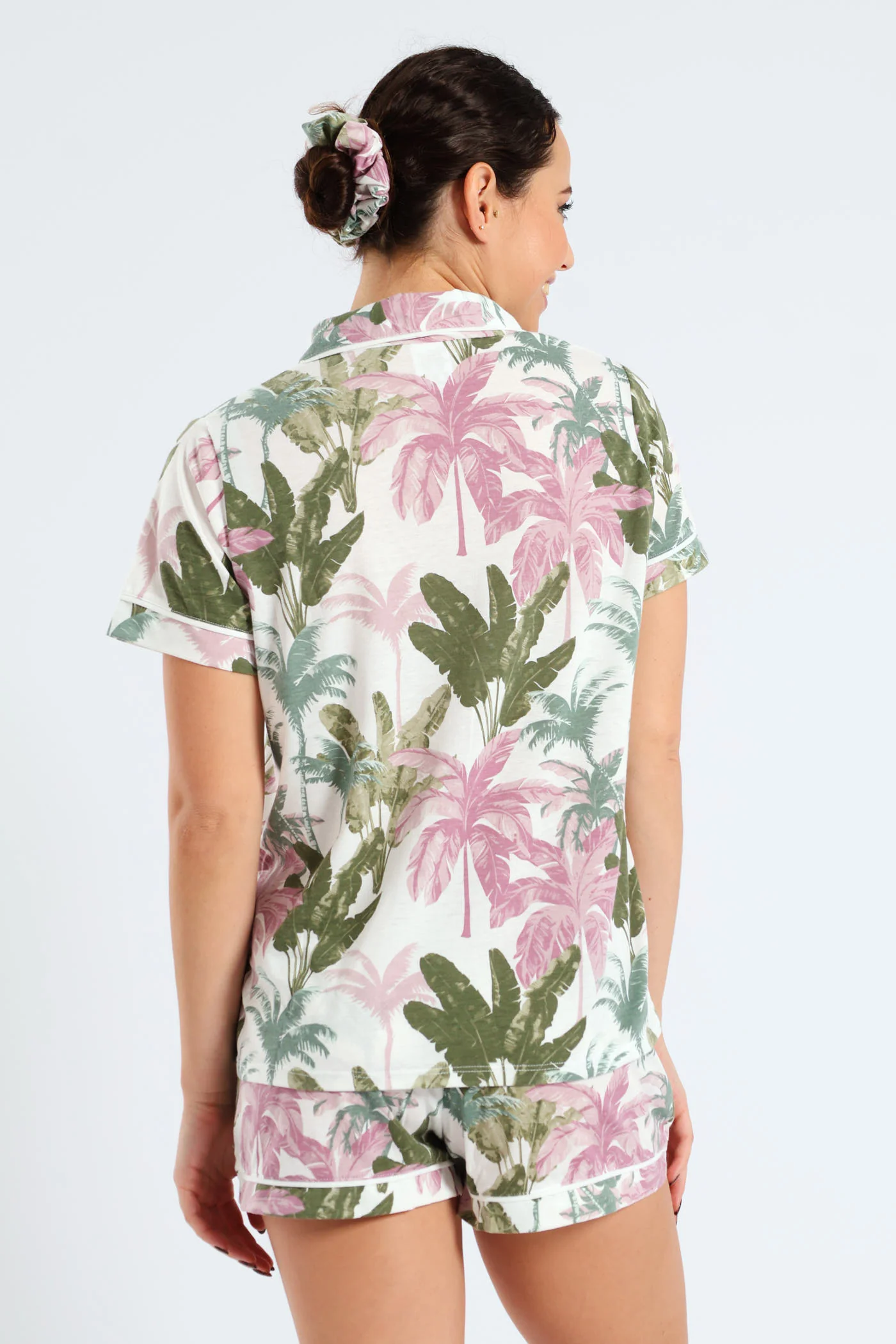 Short Sleeve Button Through Knit Short Set With Scrunchie - Multi - Image 2