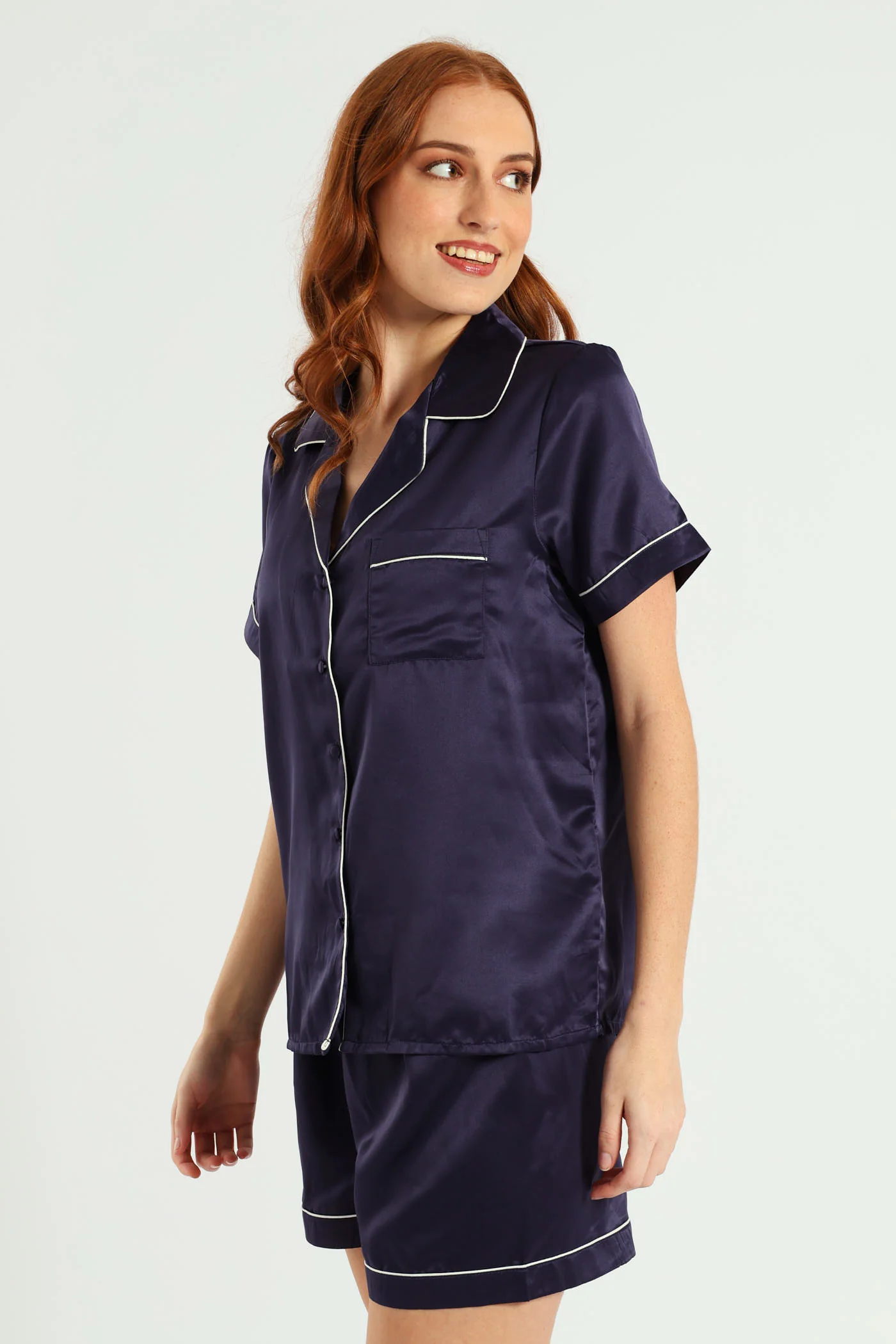 Short Sleeve Button Through Satin Short Set - Navy - Image 3