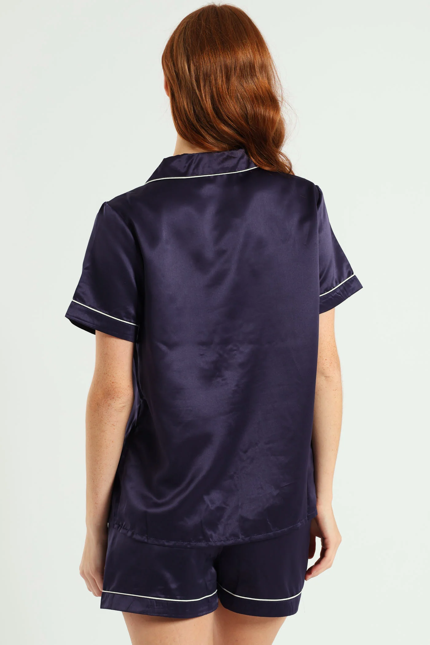 Short Sleeve Button Through Satin Short Set - Navy - Image 4
