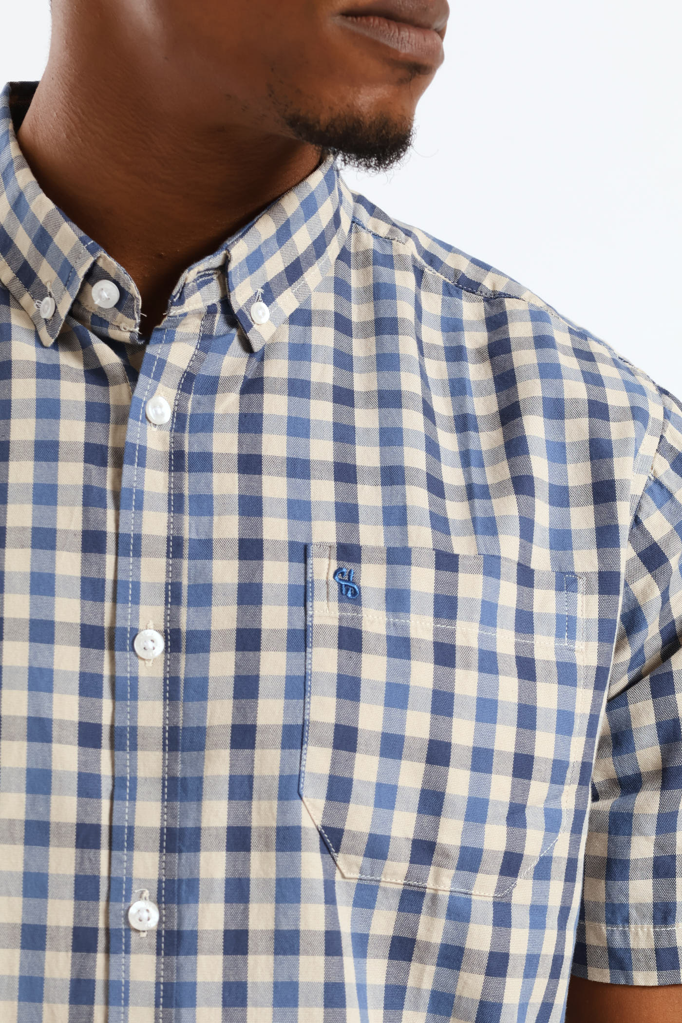 Short Sleeve Check Button Down Shirt - Taupe/Navy - Image 2