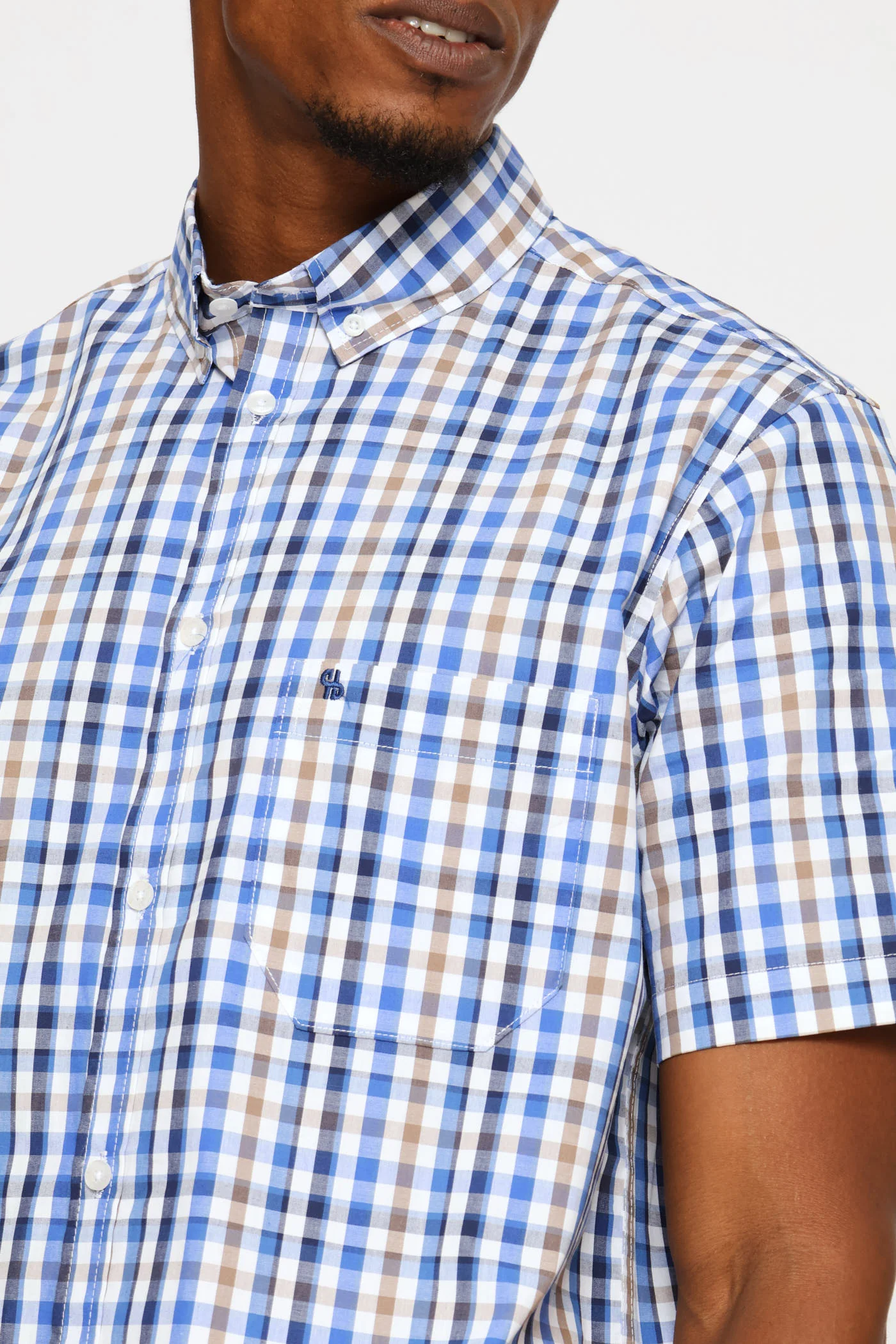 Short Sleeve Check Button Down Shirt - White /Blue/Taupe - Image 2