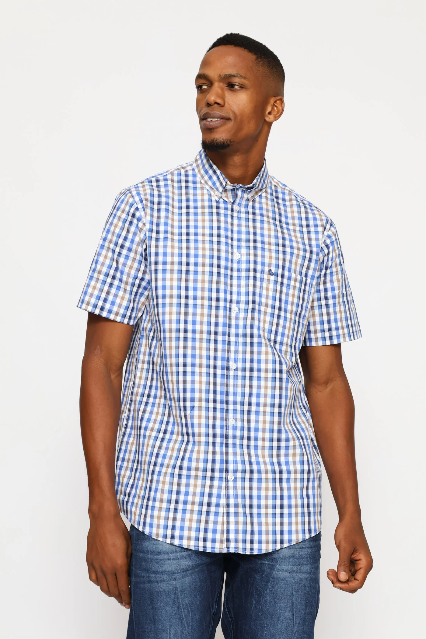 Short Sleeve Check Button Down Shirt - White /Blue/Taupe - Image 3