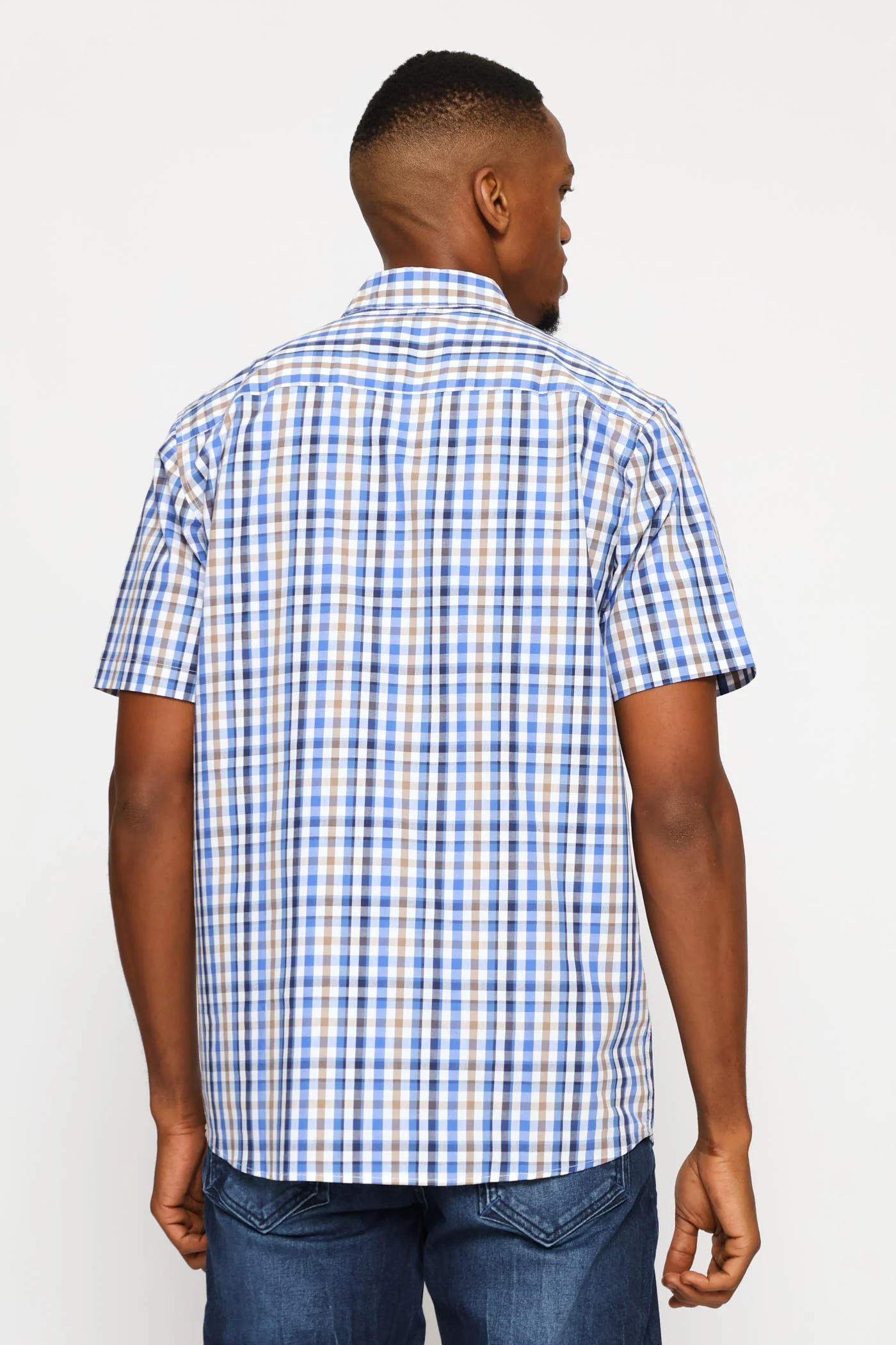 Short Sleeve Check Button Down Shirt - White /Blue/Taupe - Image 4