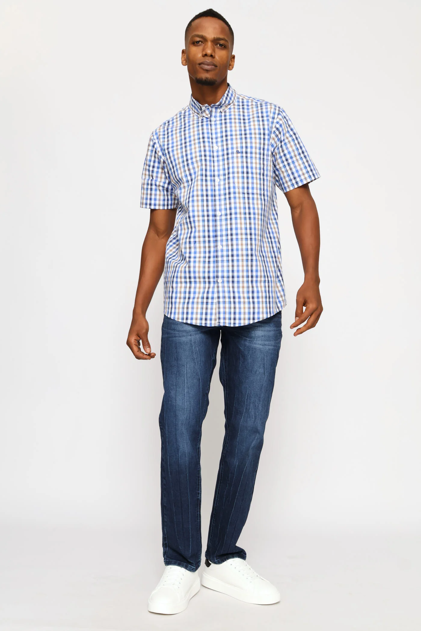 Short Sleeve Check Button Down Shirt - White /Blue/Taupe - Image 5
