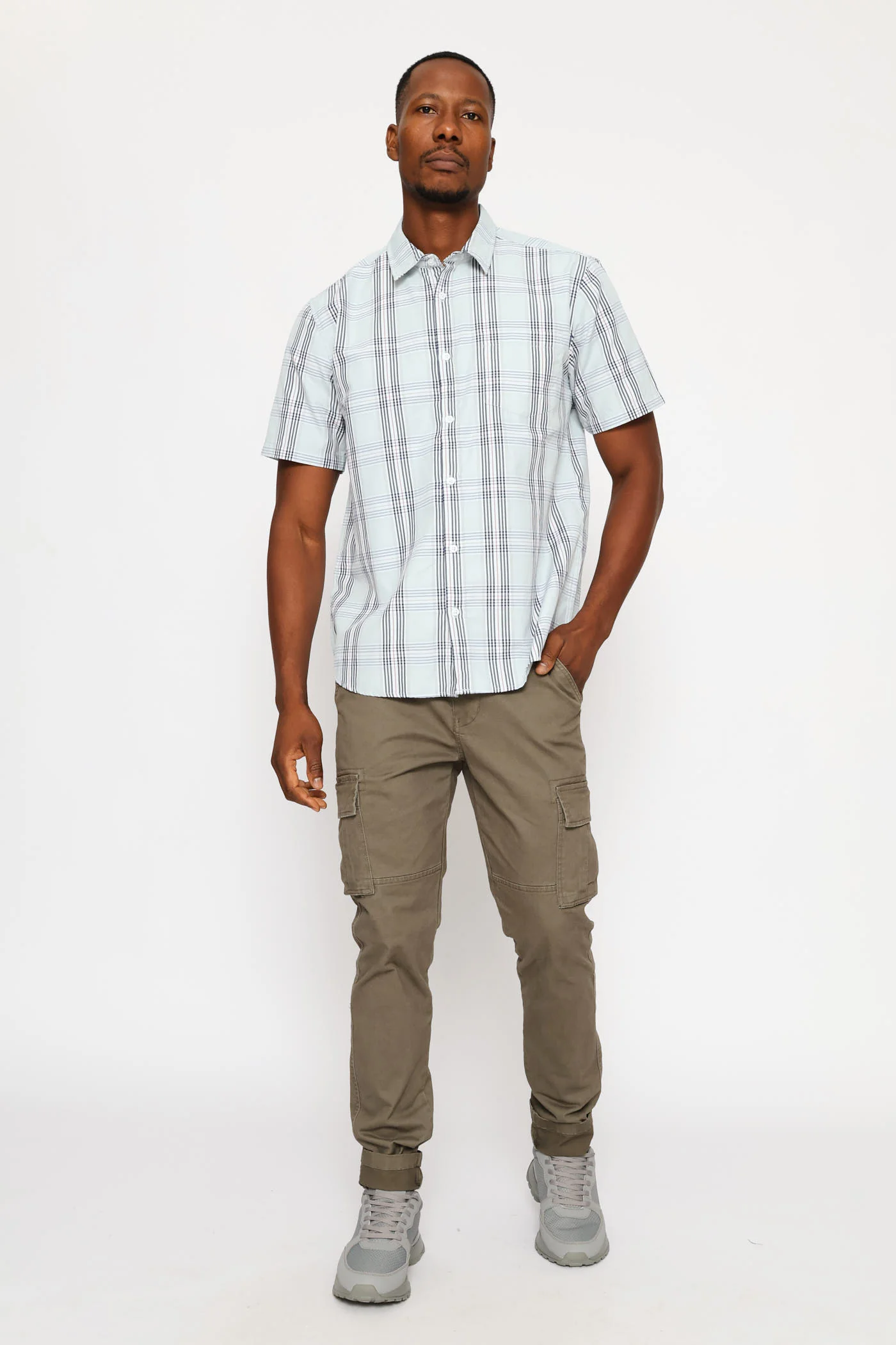 Short Sleeve Check Regular Shirt - Sage/Navy/White - Image 5
