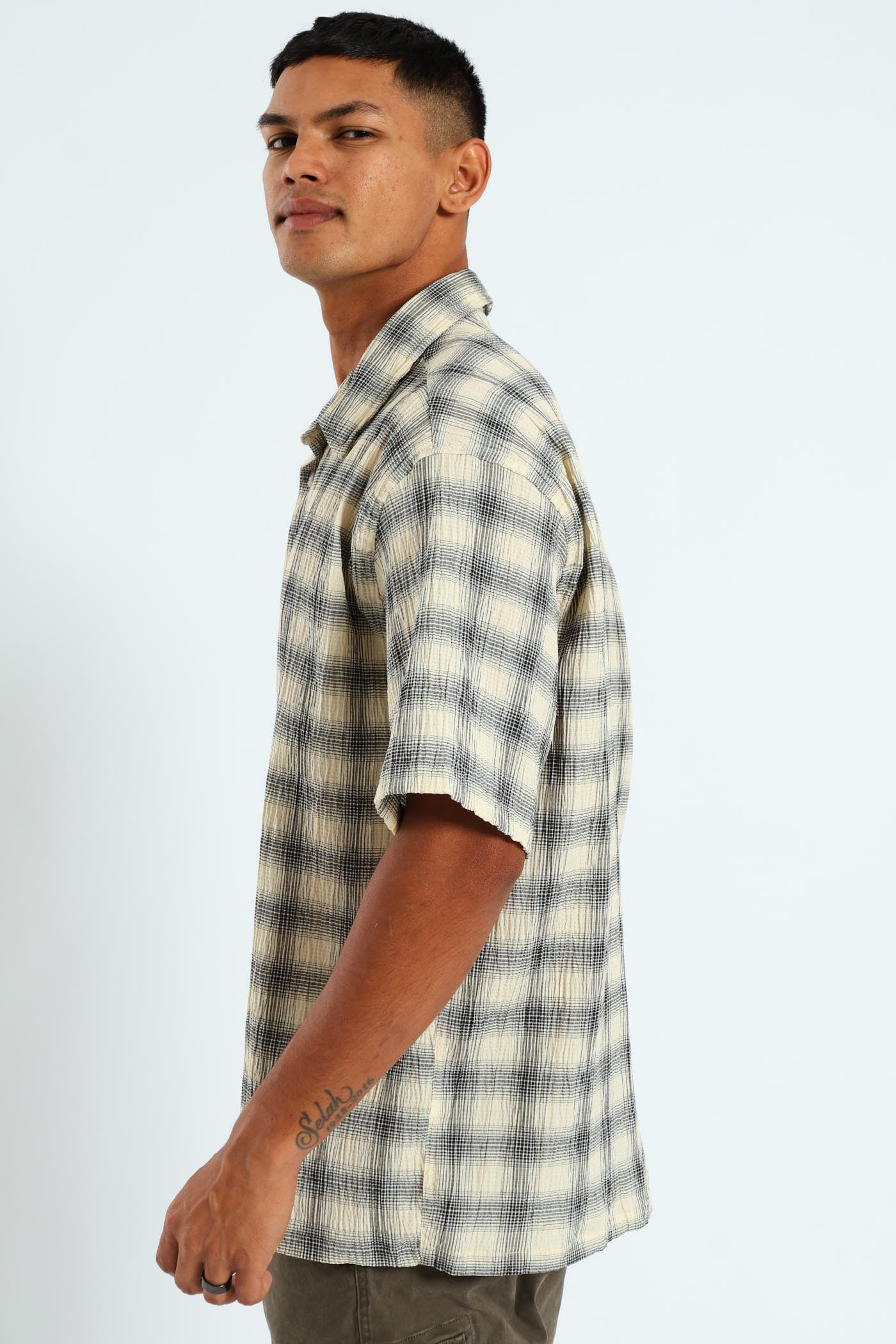 Short Sleeve Check Shirt - Stone - Image 2